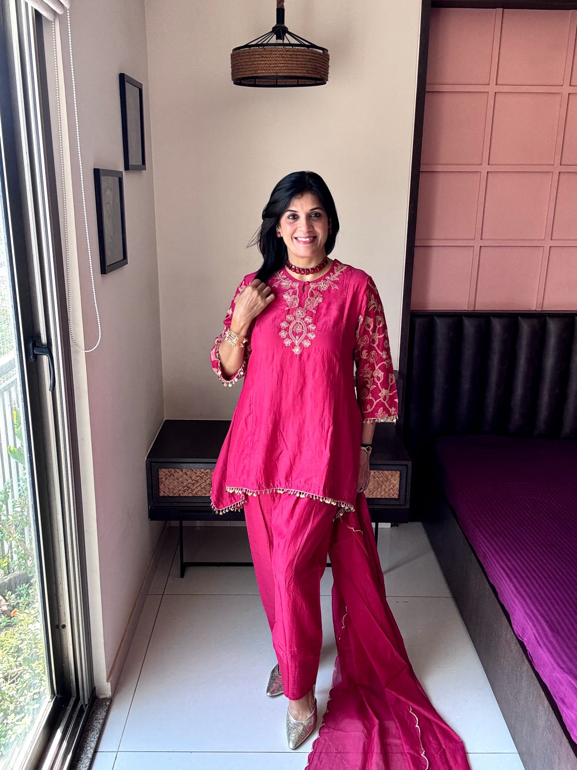 Rouge Pink – Embroidered Stylish Top with Farsi Sarwar Dupatta Set |  Pure banarasi mul Chanderi