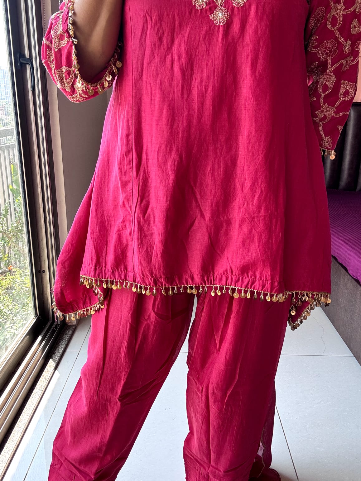 Rouge Pink – Embroidered Stylish Top with Farsi Sarwar Dupatta Set |  Pure banarasi mul Chanderi