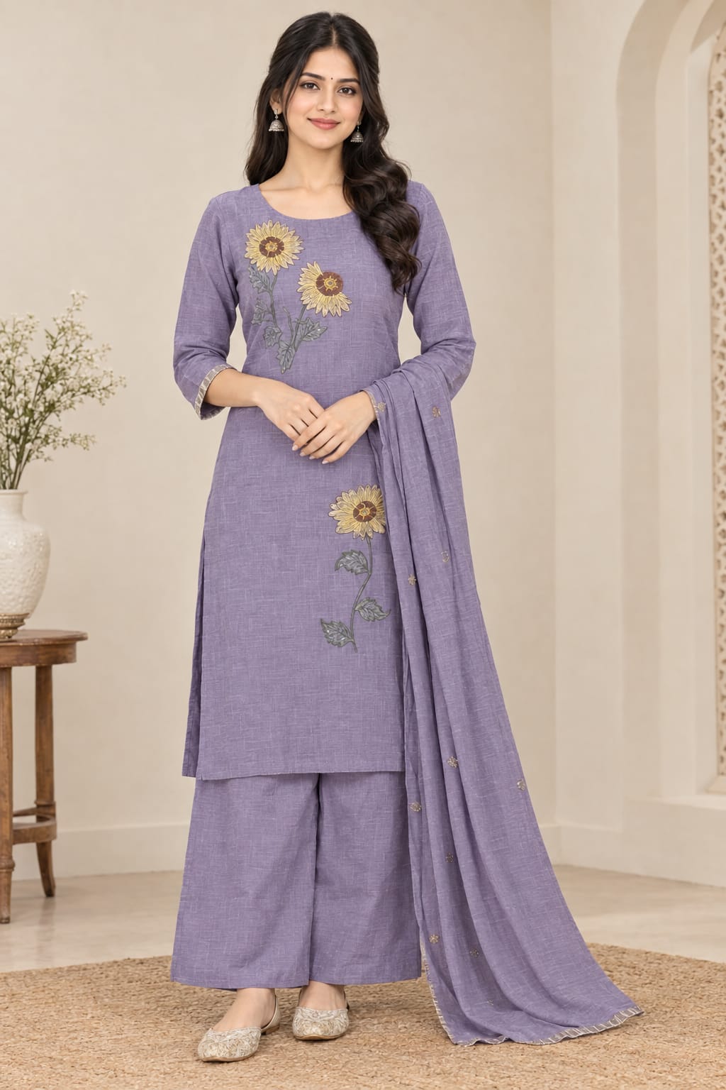 Dull Purple – Floral Embroidered Kurta Pant Dupatta Set | Cotton Linen