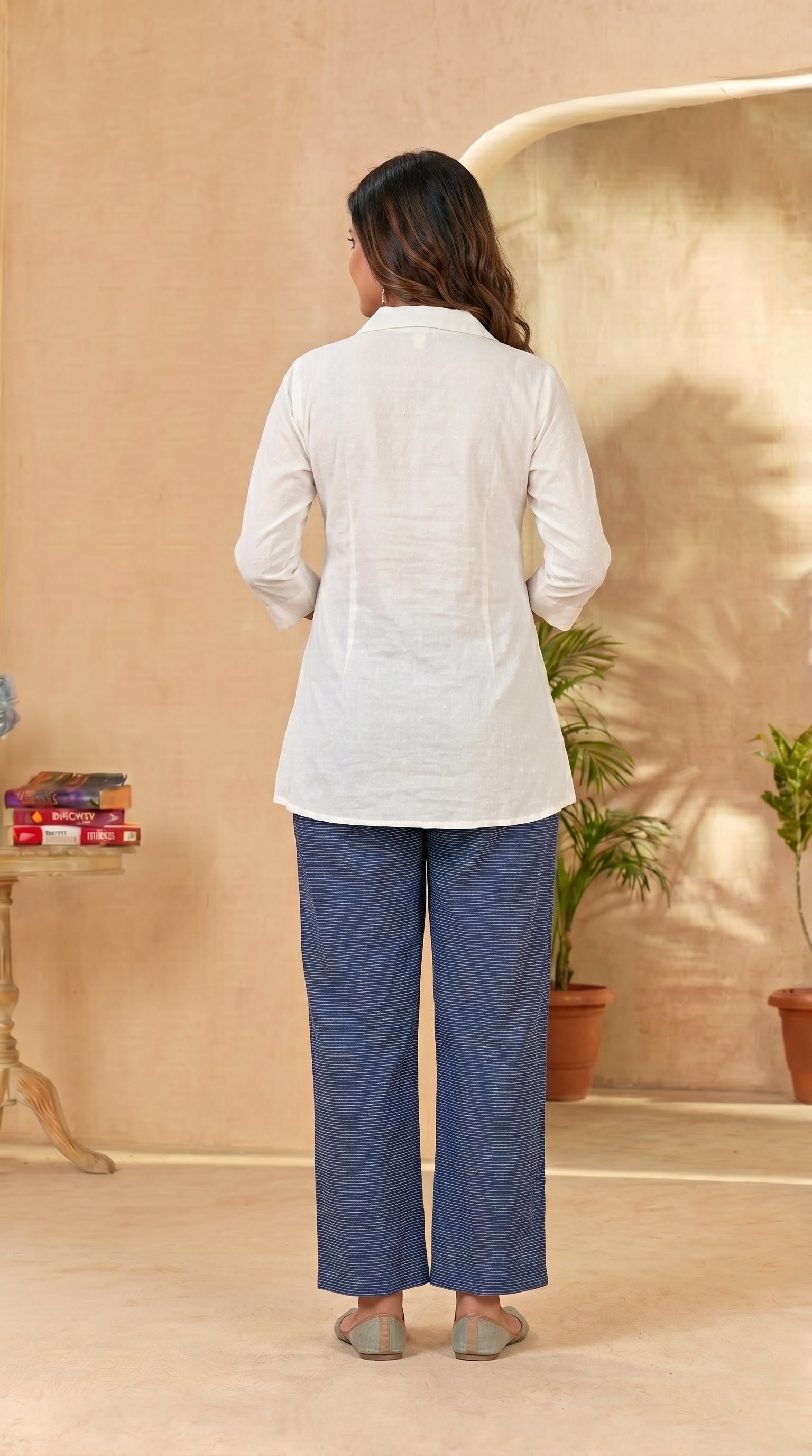 White & Blue Up & Down Kurti Pant Set