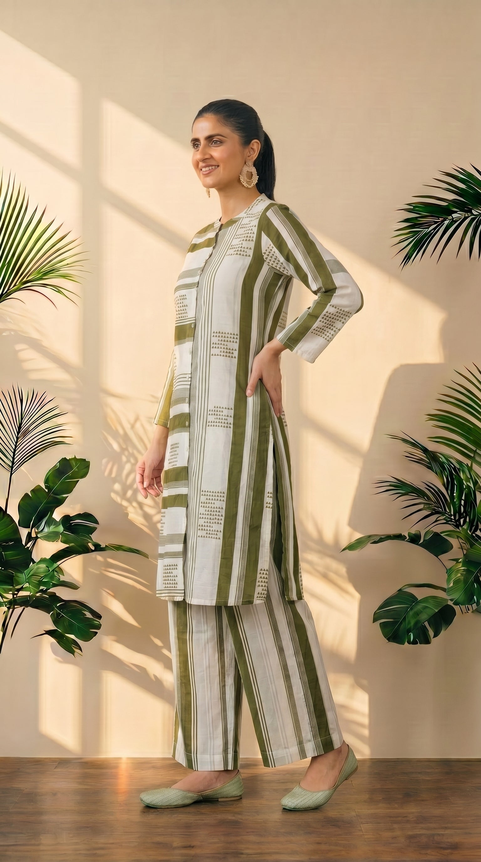 Green & White Printed Plazzo Set – Elegant Ethnic Wear in Pure Cotton