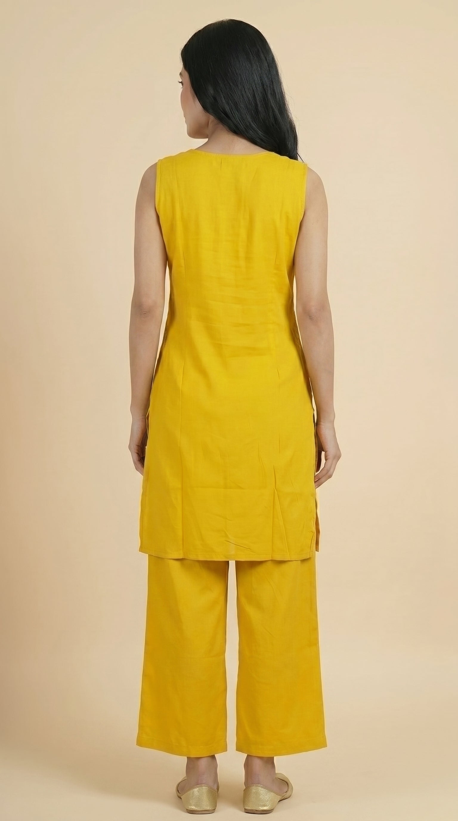 Golden Yellow Sleeveless A-Line Kurti Pant Set