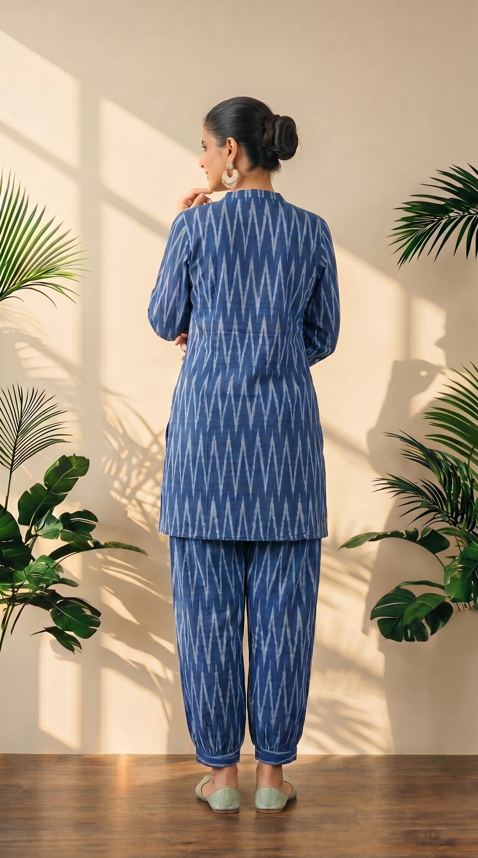 Blue Ikat Print Kurti Afghani Bottom Co-Ord Set