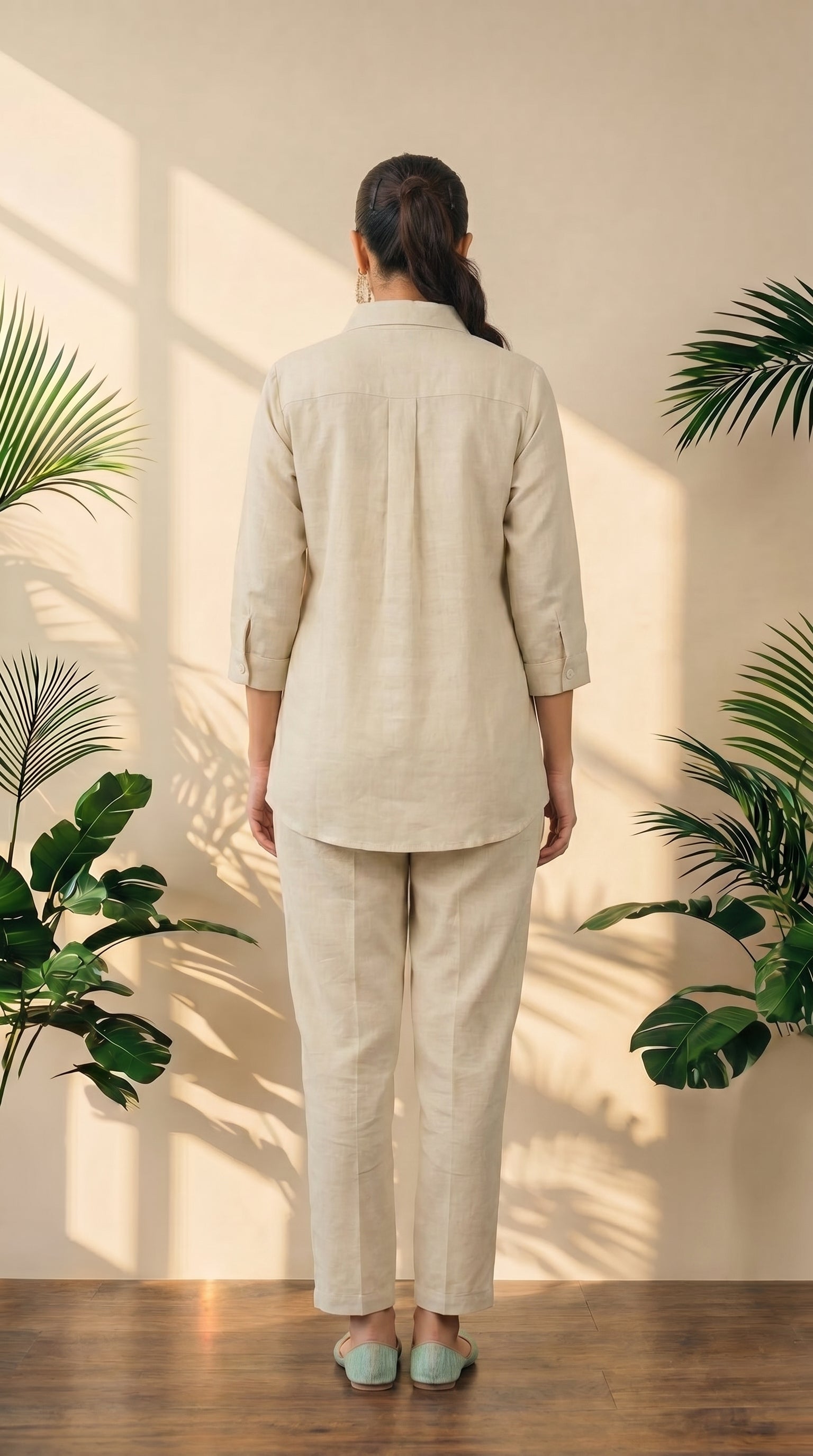 Beige Cotton Shirt & Pant Co-Ord Set