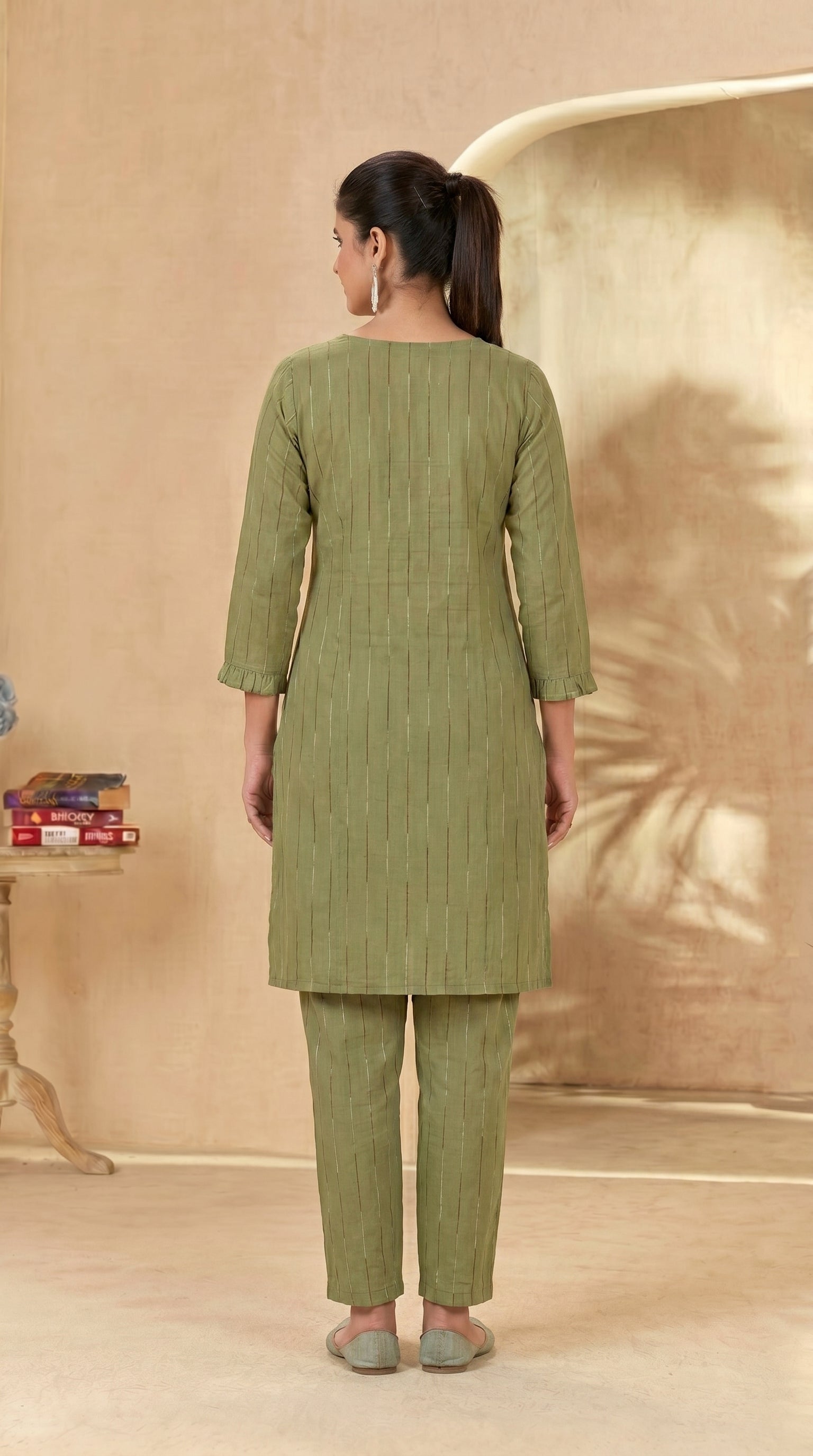 Olive Green Striped Knee-Length Kurti Pant Set