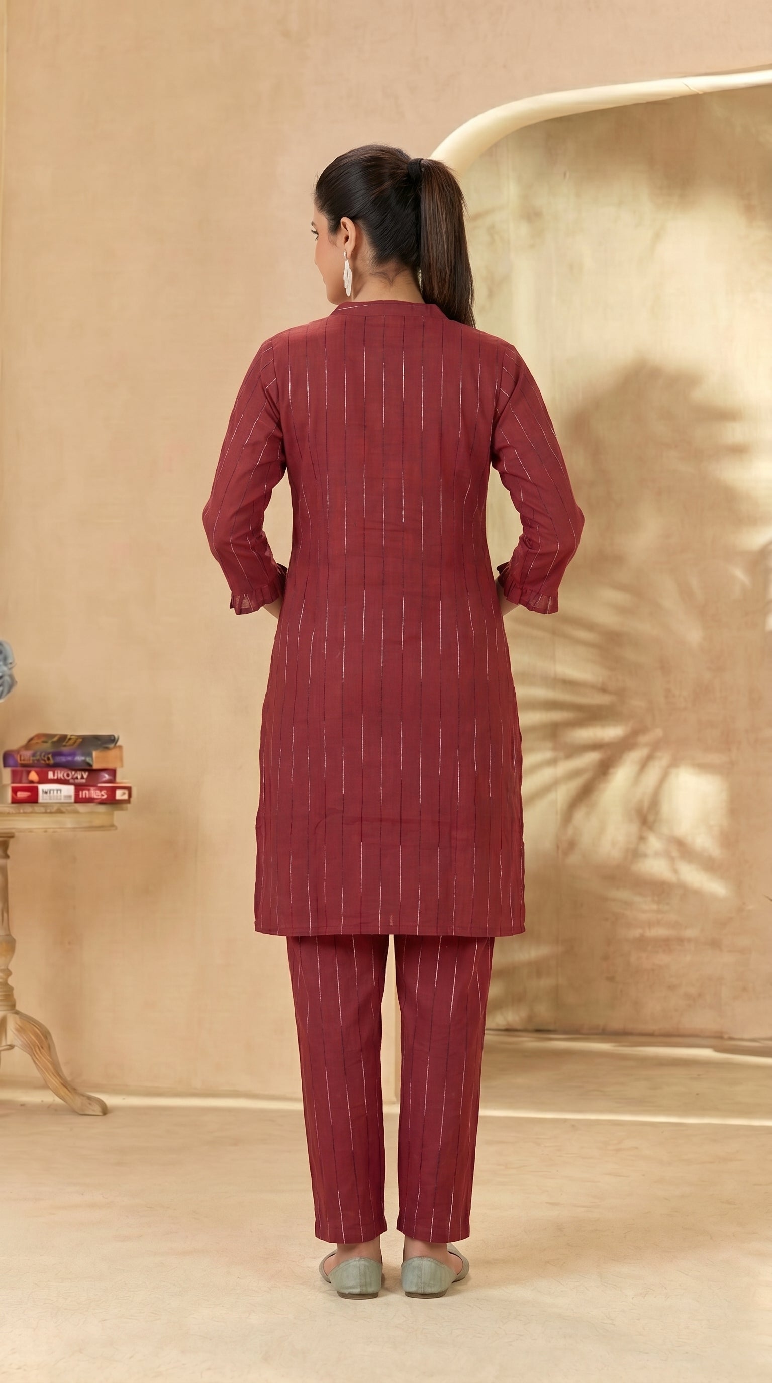 Maroon Striped Knee-Length Kurti Pant Set
