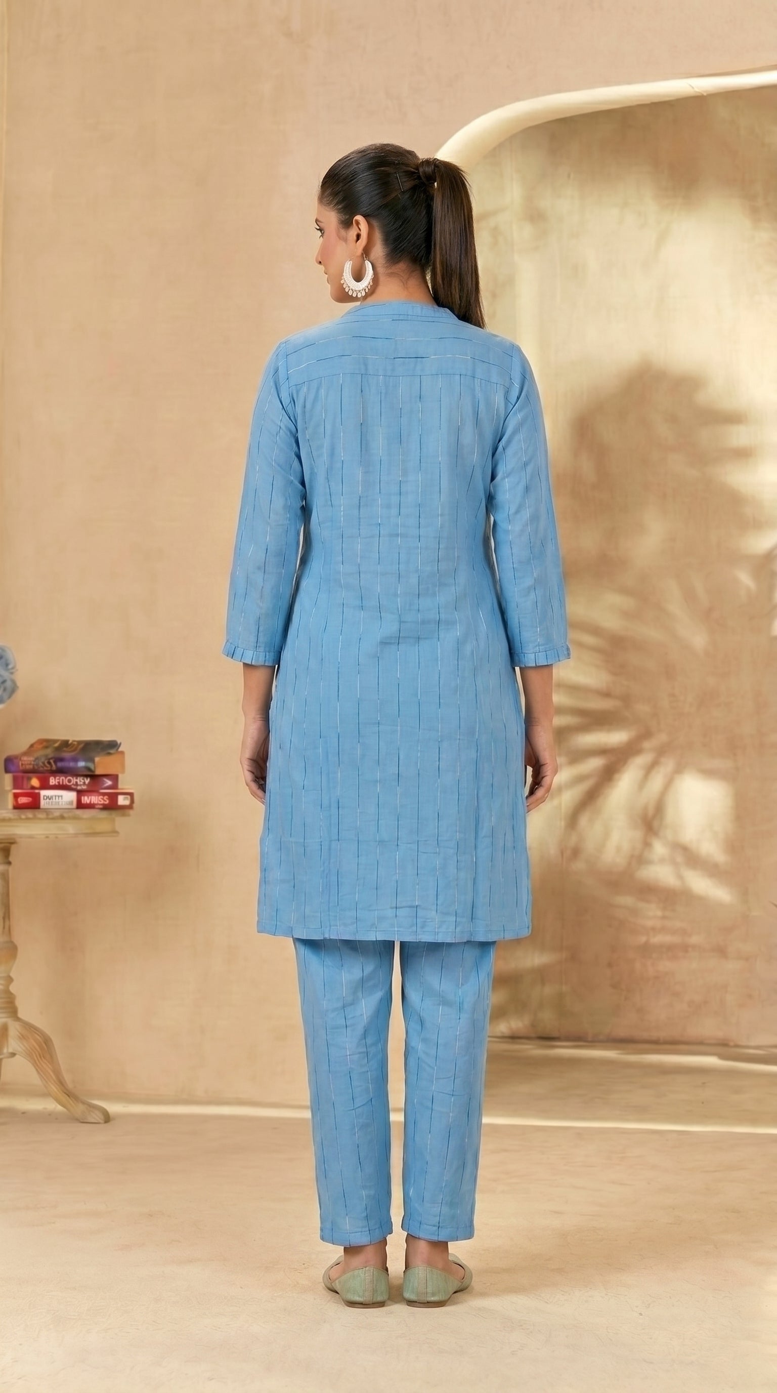 Sky Blue Striped Knee-Length Kurti Pant Set