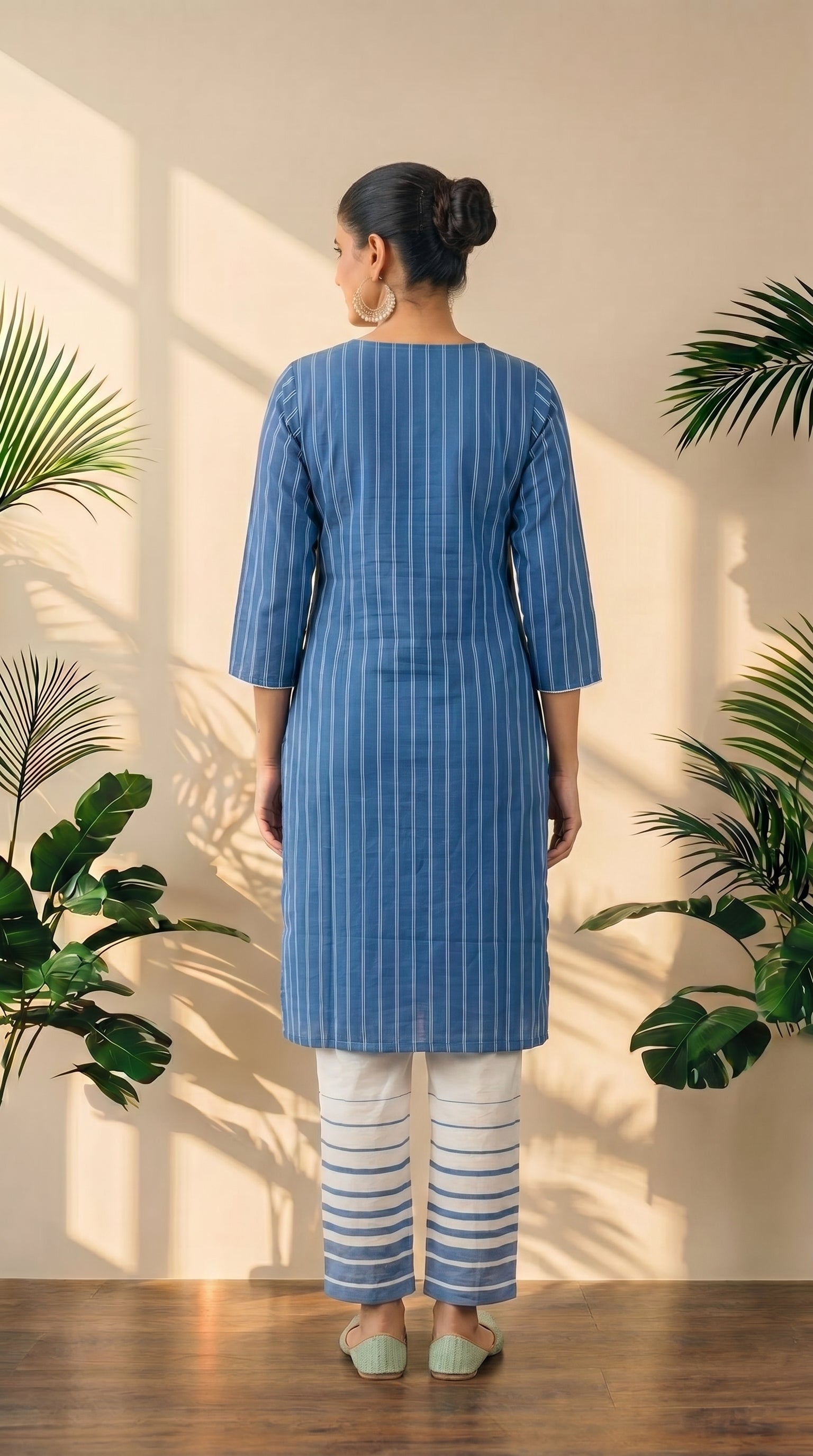 Blue Striped Print Kurti Pant Set