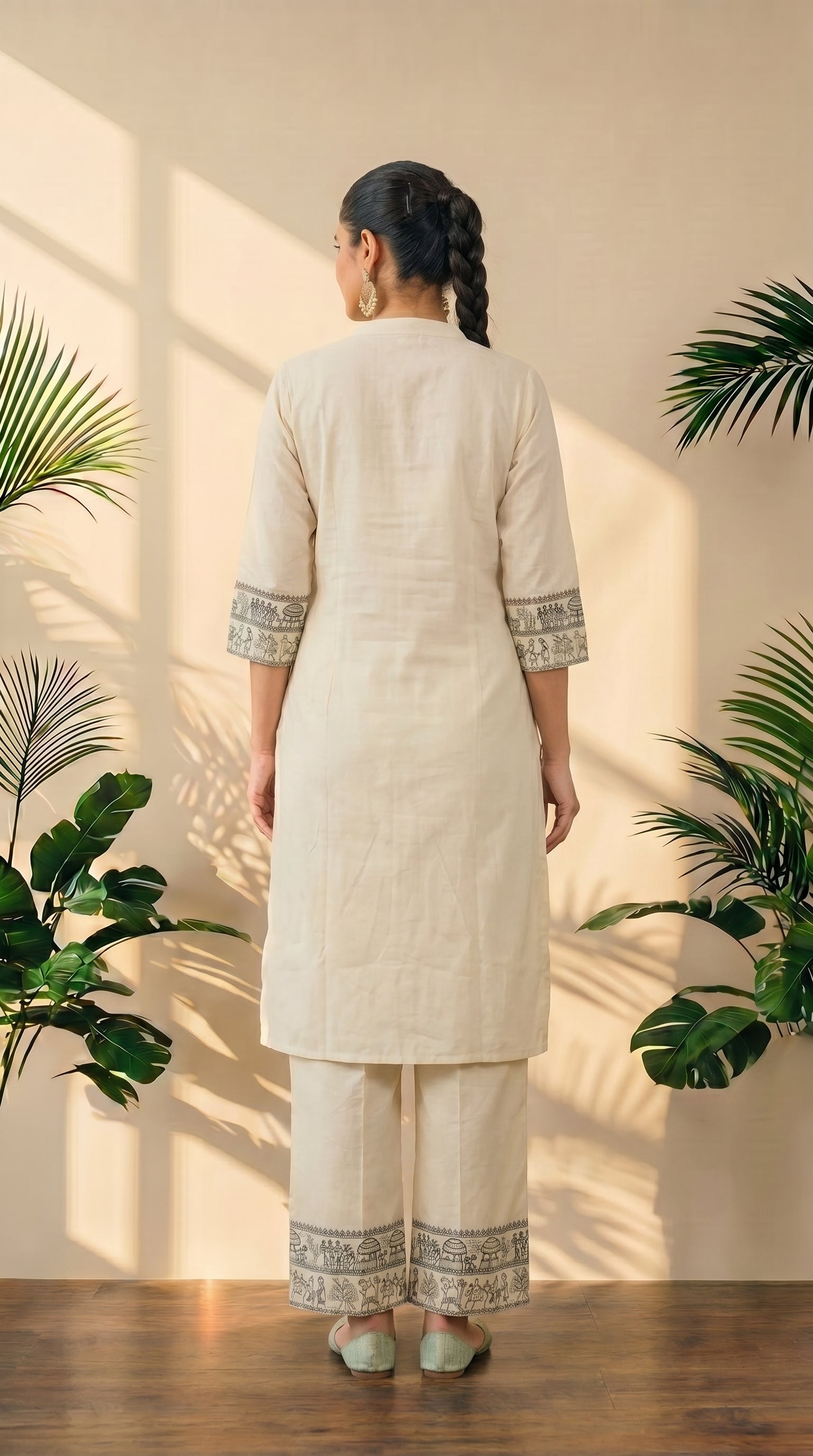 Cream Embroidery Work A-Line Kurti Pant Set