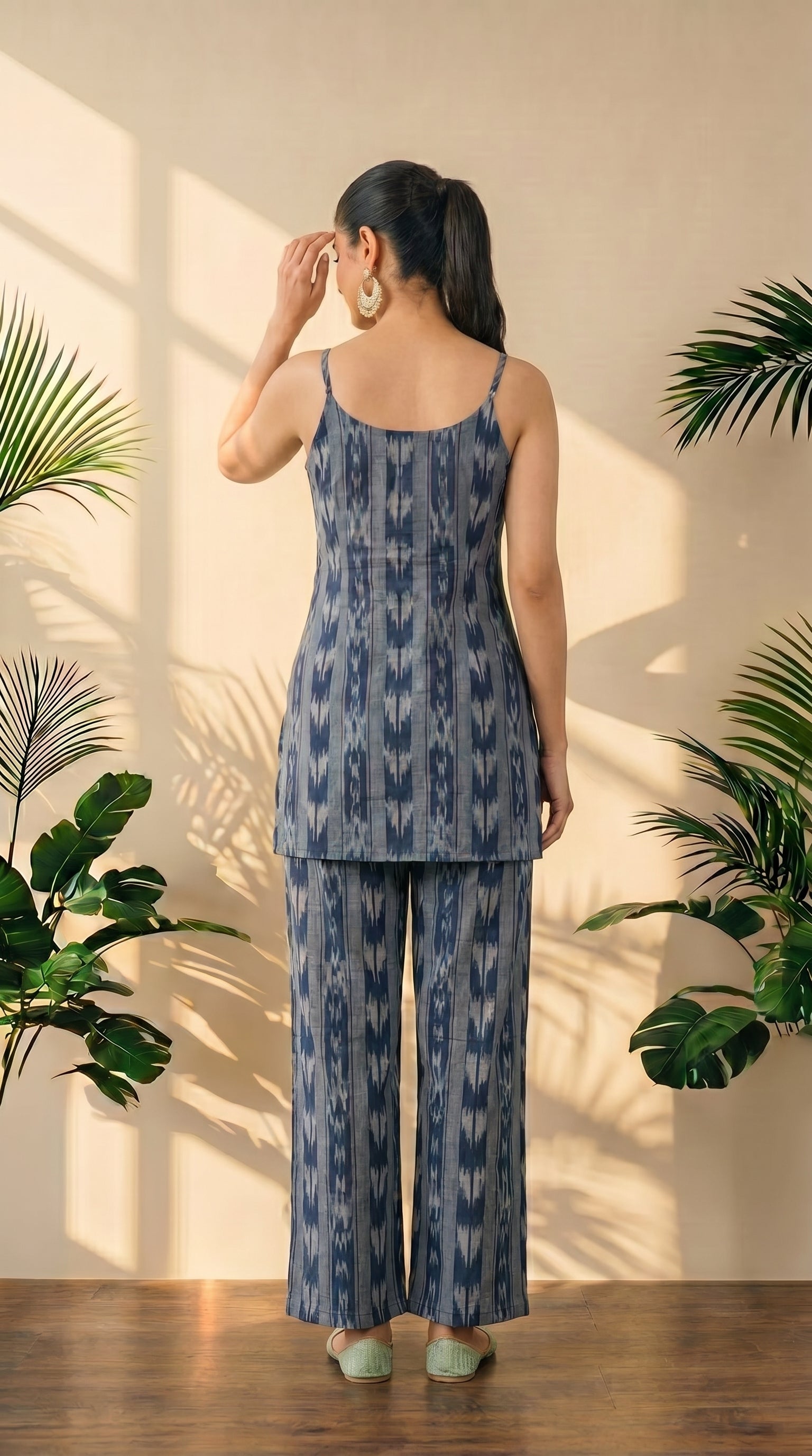 Navy Blue Ikat Print Spaghetti Kurti Pant Set