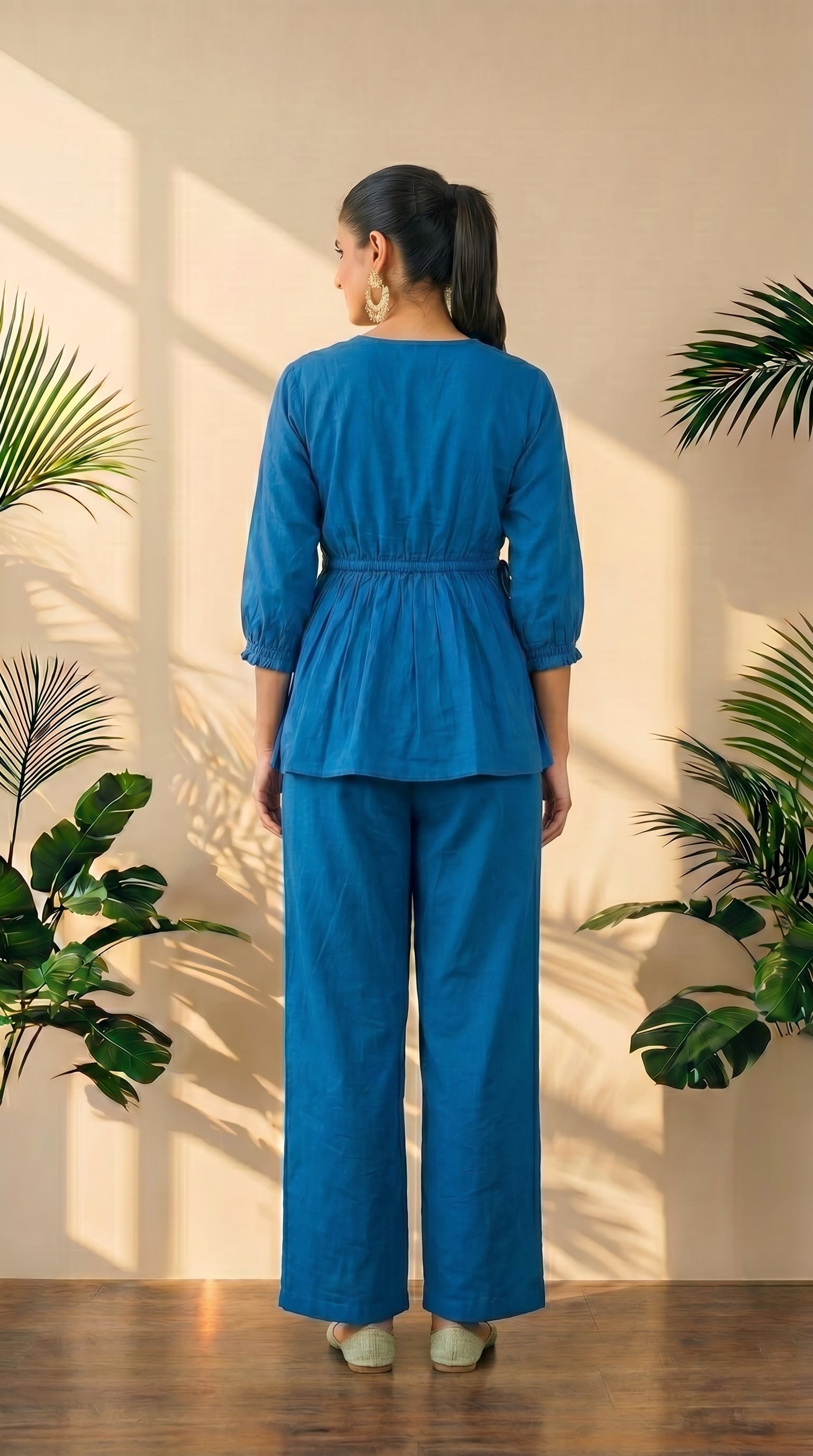 Lapis Blue Short Peplum Top & Palazzo Co-Ord Set