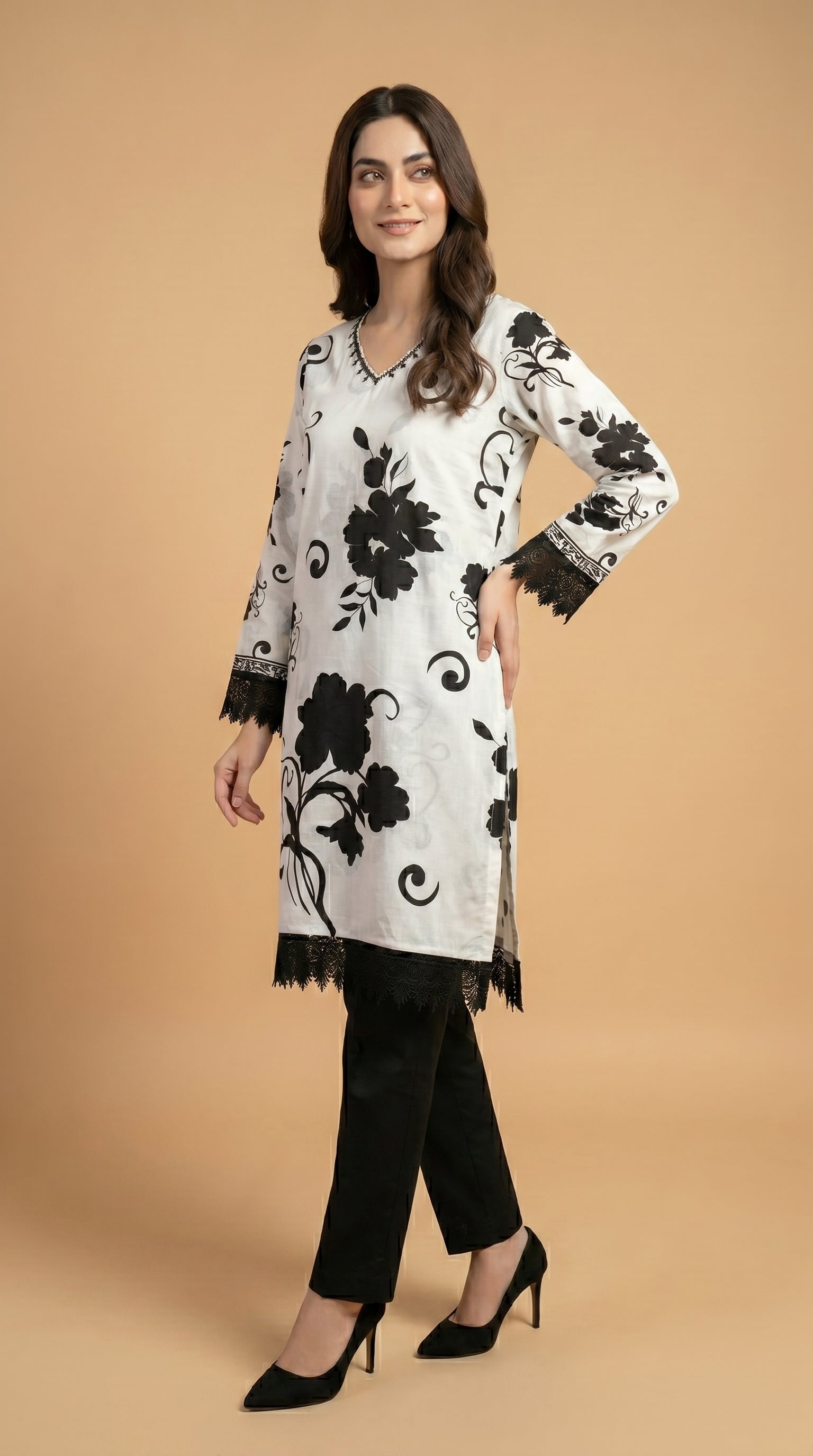 Black & White Floral Print Kurti Pant Set
