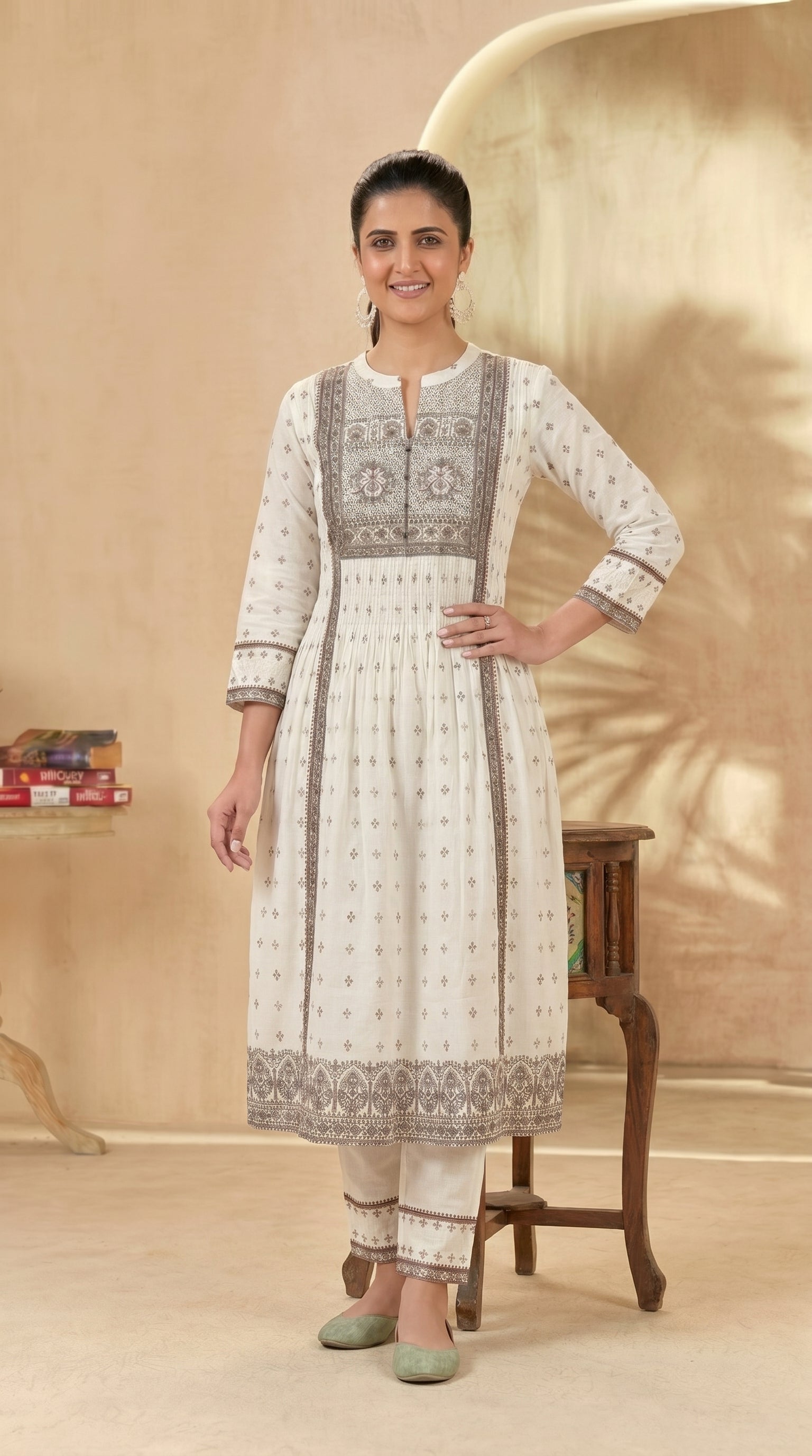 White A-Line Kurti & Harem Pant Set