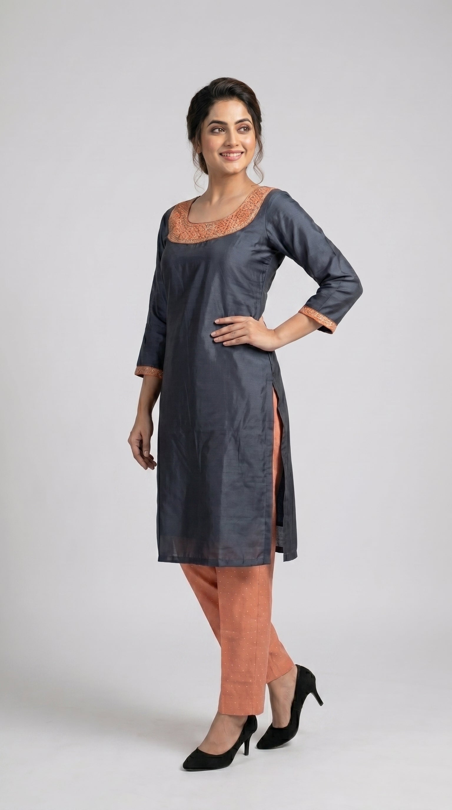 Grey Yoke Work Kurti Pant Set