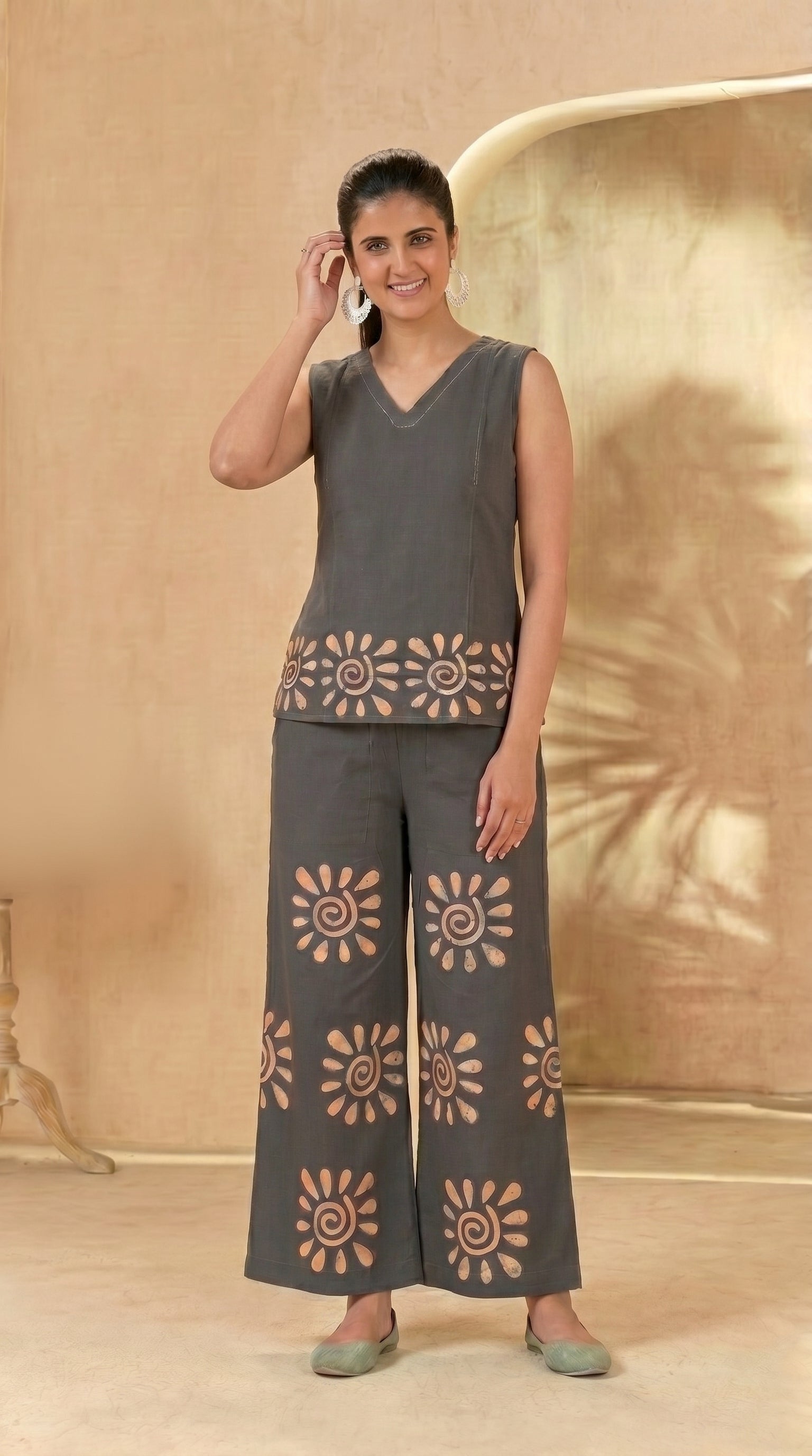 Grey Sleeveless Printed Top & Palazzo Co-Ord Set