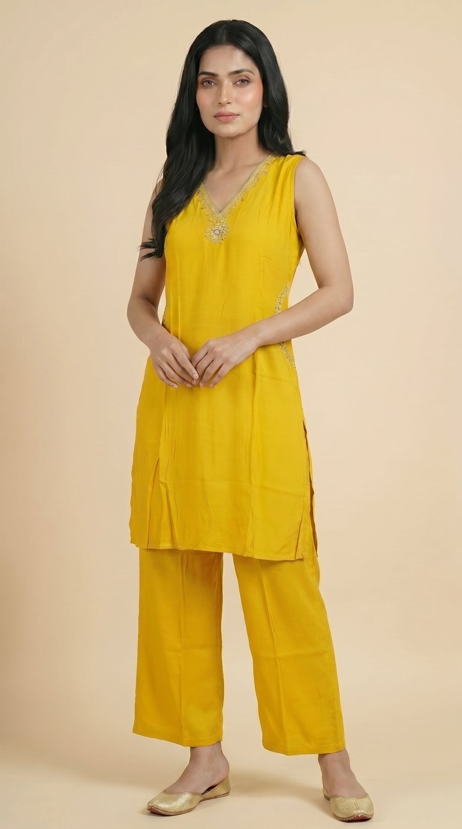 Golden Yellow Sleeveless A-Line Kurti Pant Set