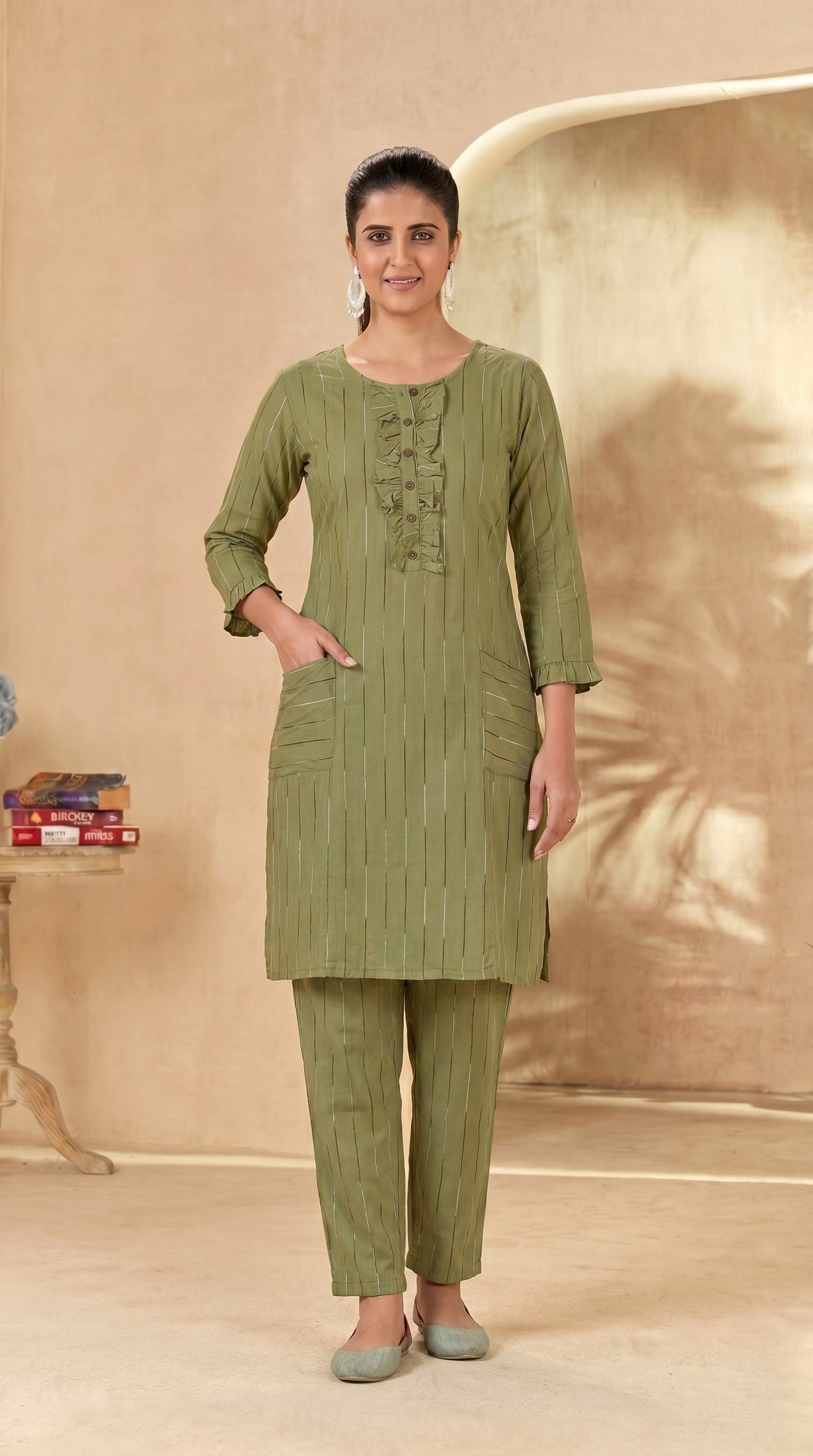 Olive Green Striped Knee-Length Kurti Pant Set