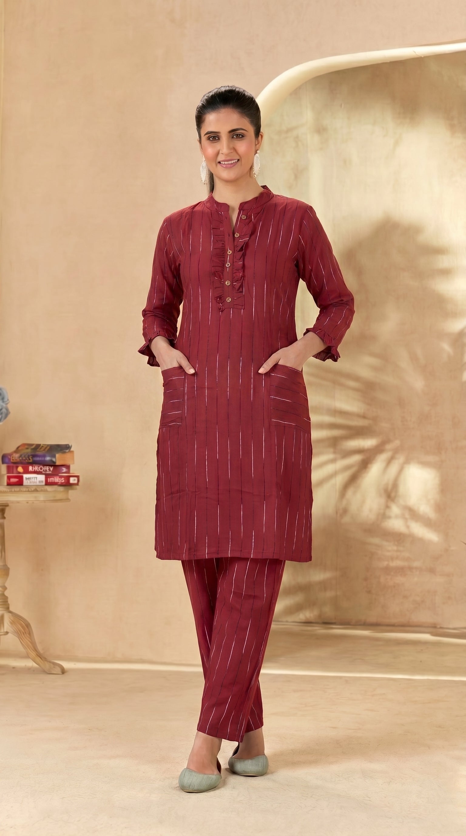 Maroon Striped Knee-Length Kurti Pant Set