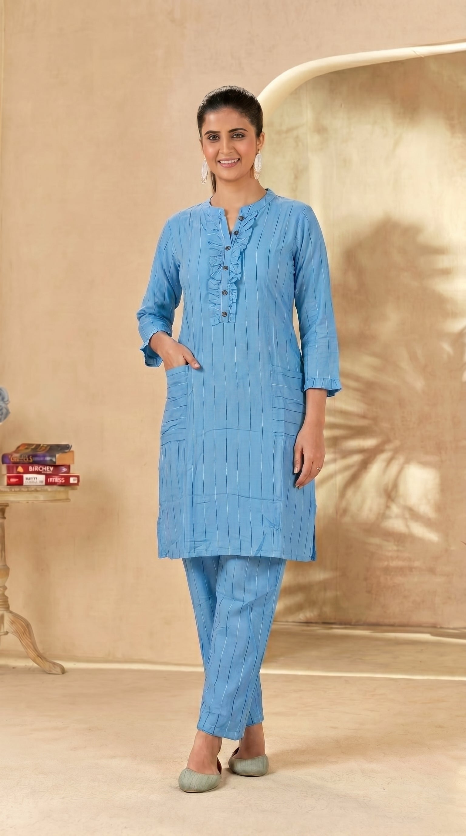Sky Blue Striped Knee-Length Kurti Pant Set