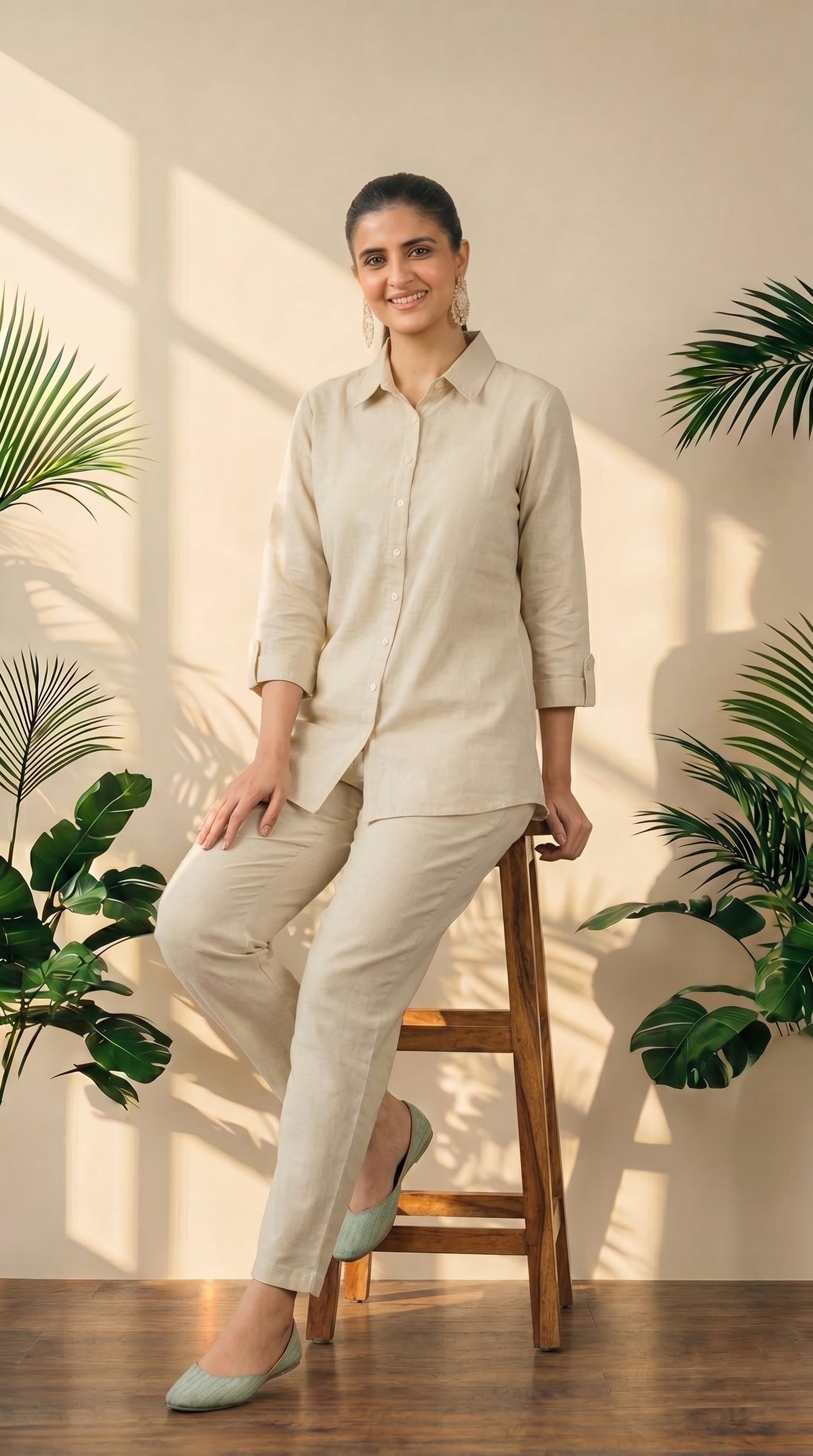 Beige Cotton Shirt & Pant Co-Ord Set