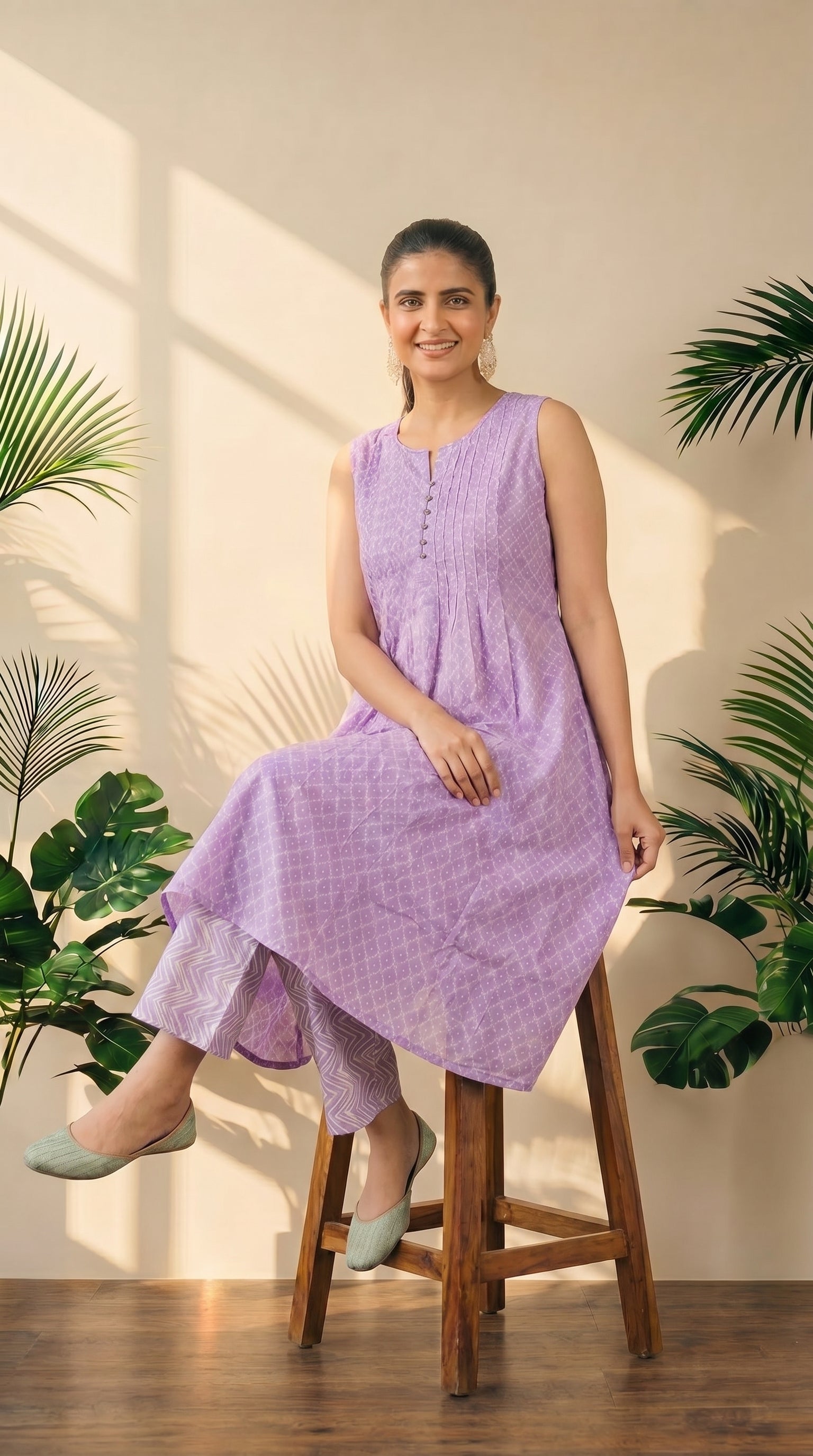 Lavender Sleeveless A-Line Kurti Pant Set