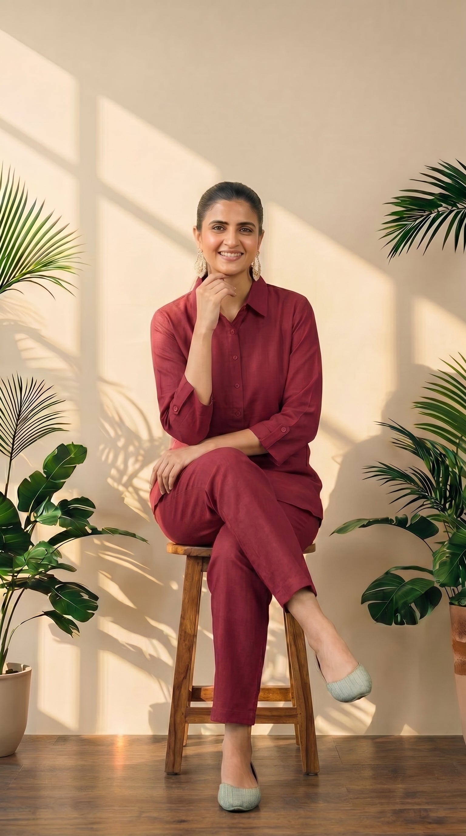 Maroon Cotton Shirt & Pant Co-Ord Set