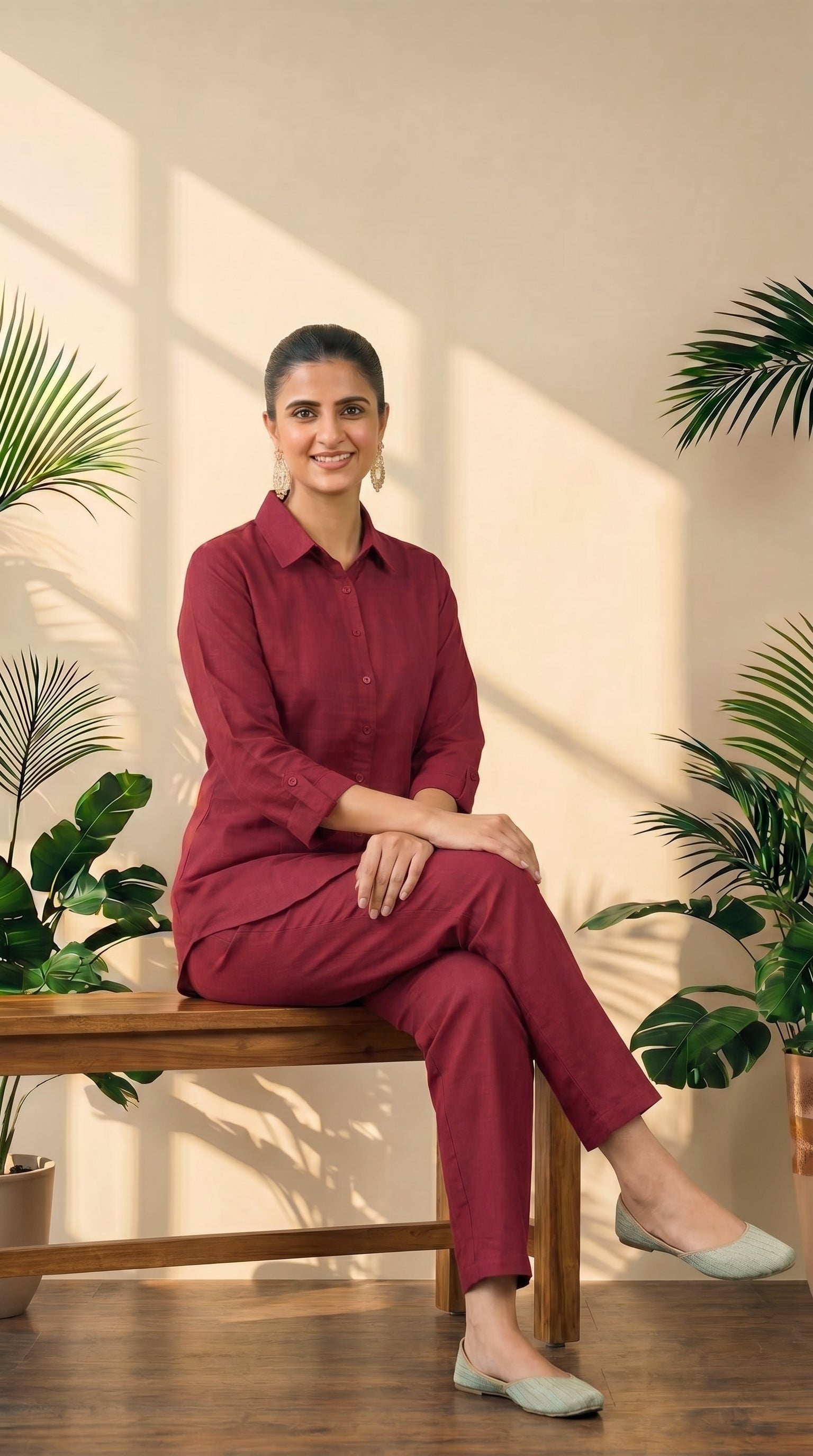 Maroon Cotton Shirt & Pant Co-Ord Set
