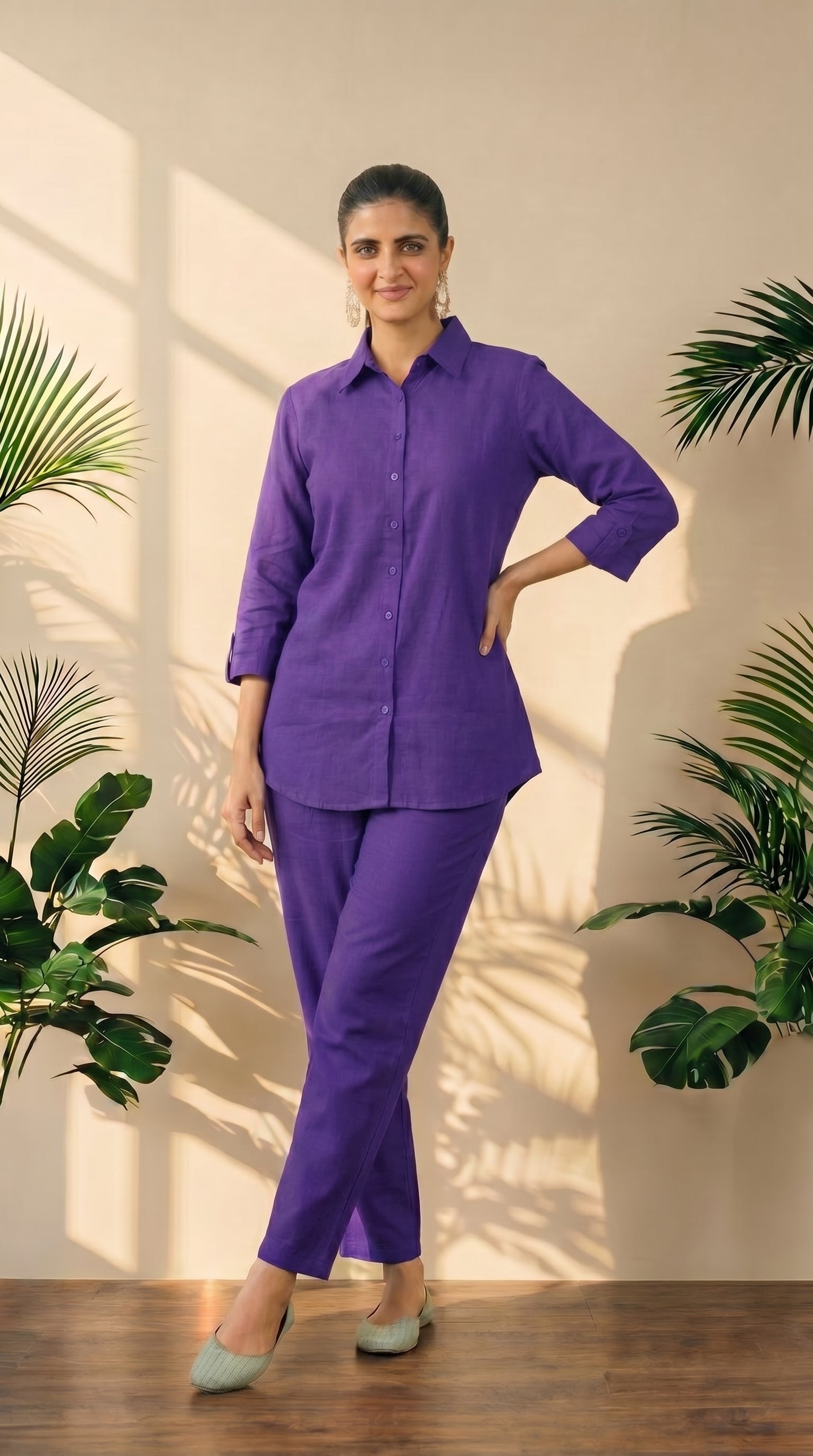Purple Cotton Shirt & Pant Co-Ord Set