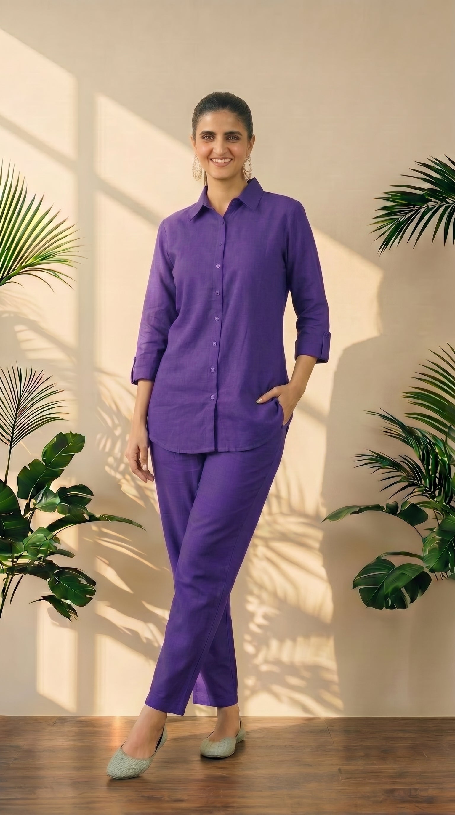Purple Cotton Shirt & Pant Co-Ord Set