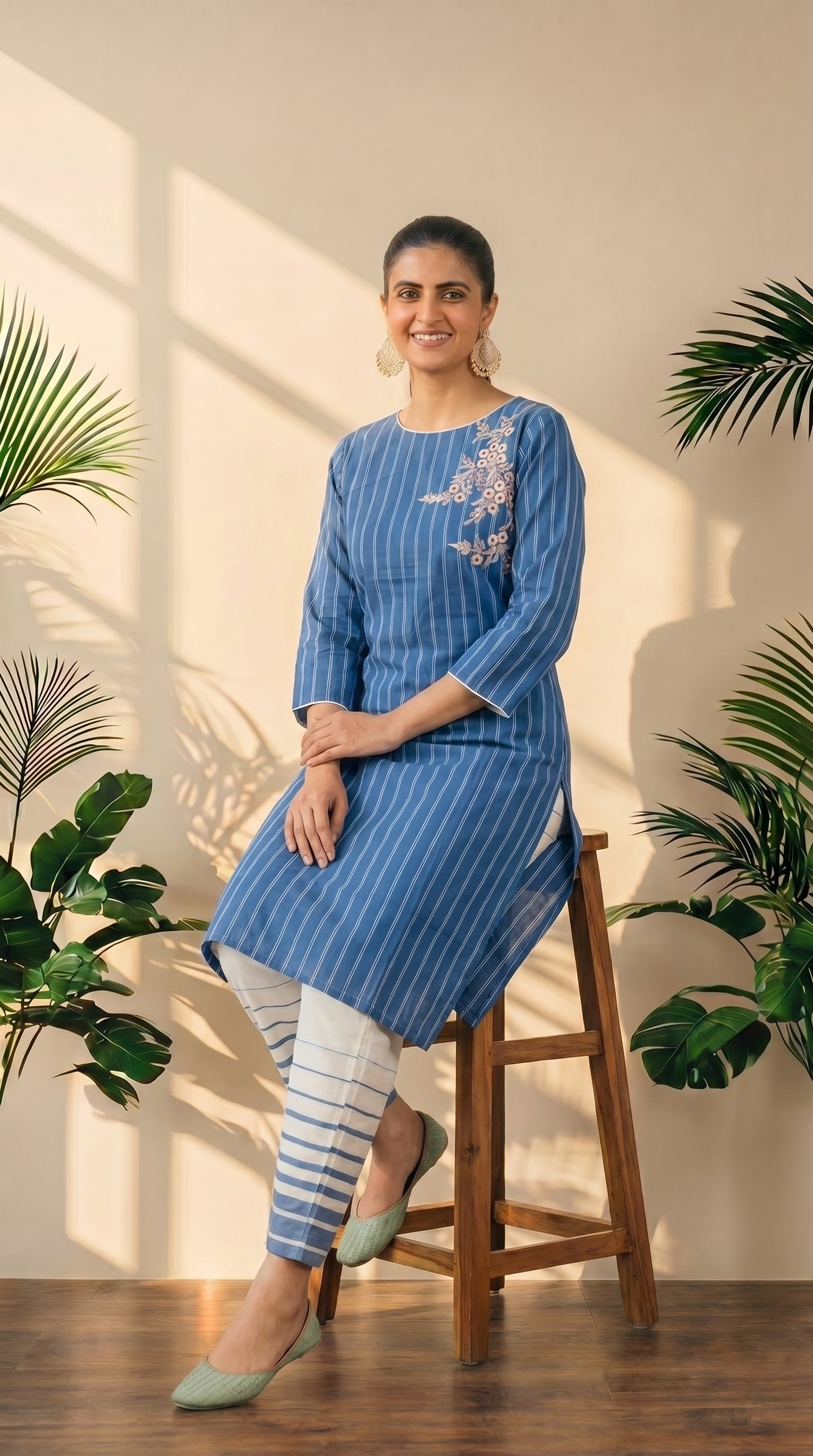 Blue Striped Print Kurti Pant Set