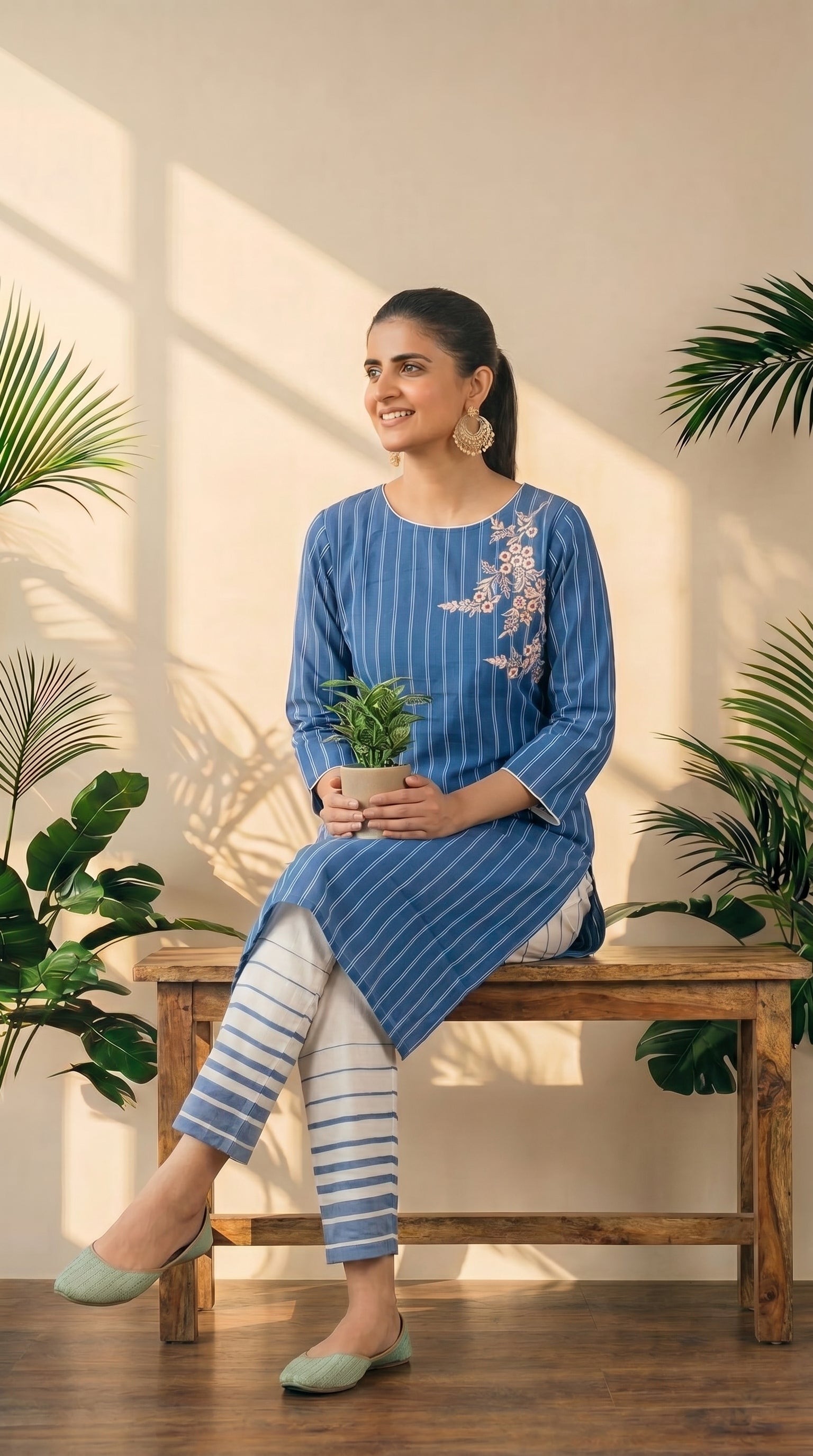 Blue Striped Print Kurti Pant Set