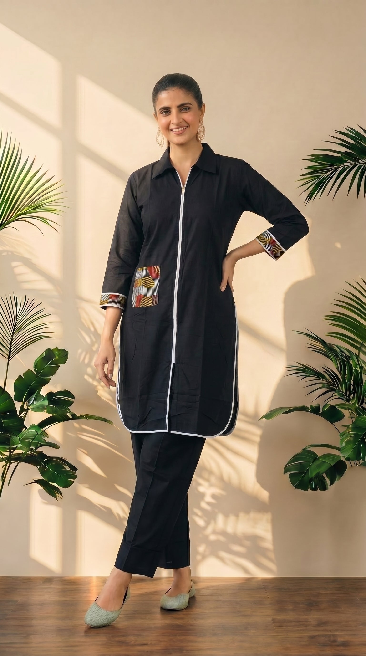 Black Collared Neck Kurta & Pant Co-Ord Set