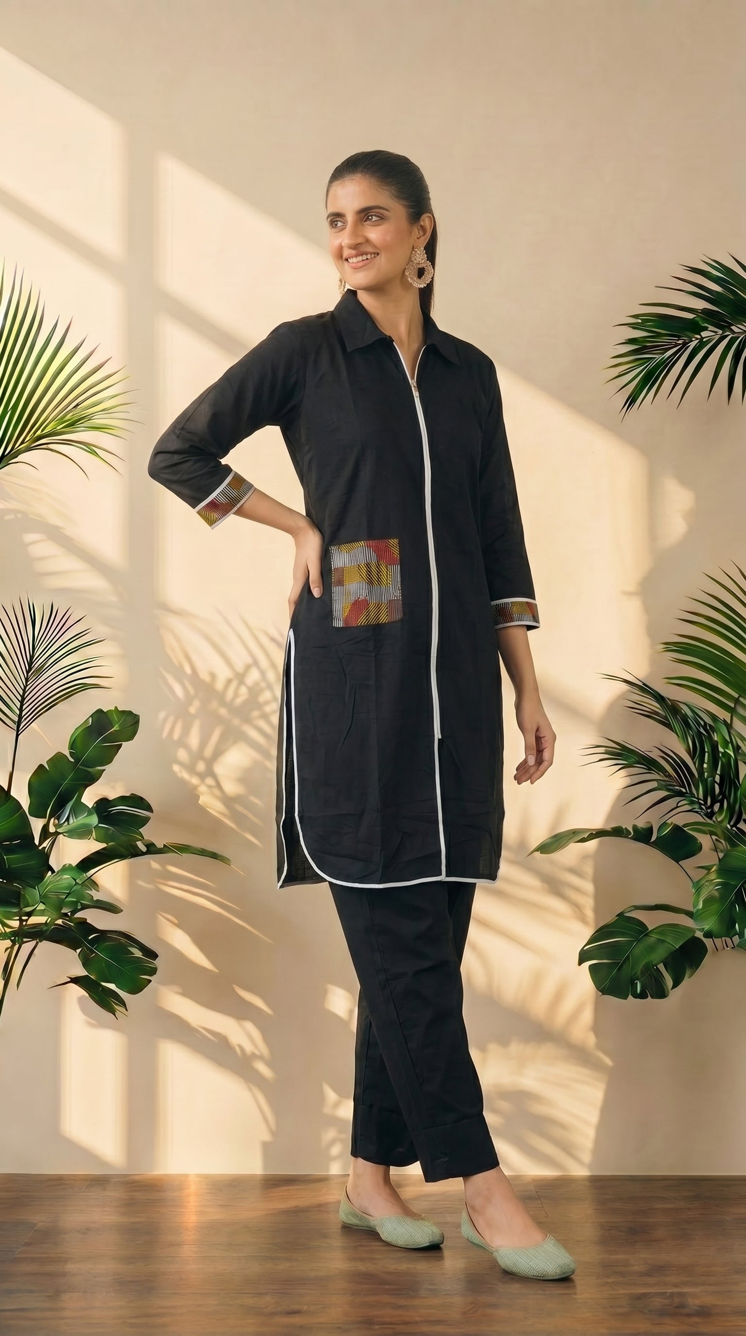 Black Collared Neck Kurta & Pant Co-Ord Set