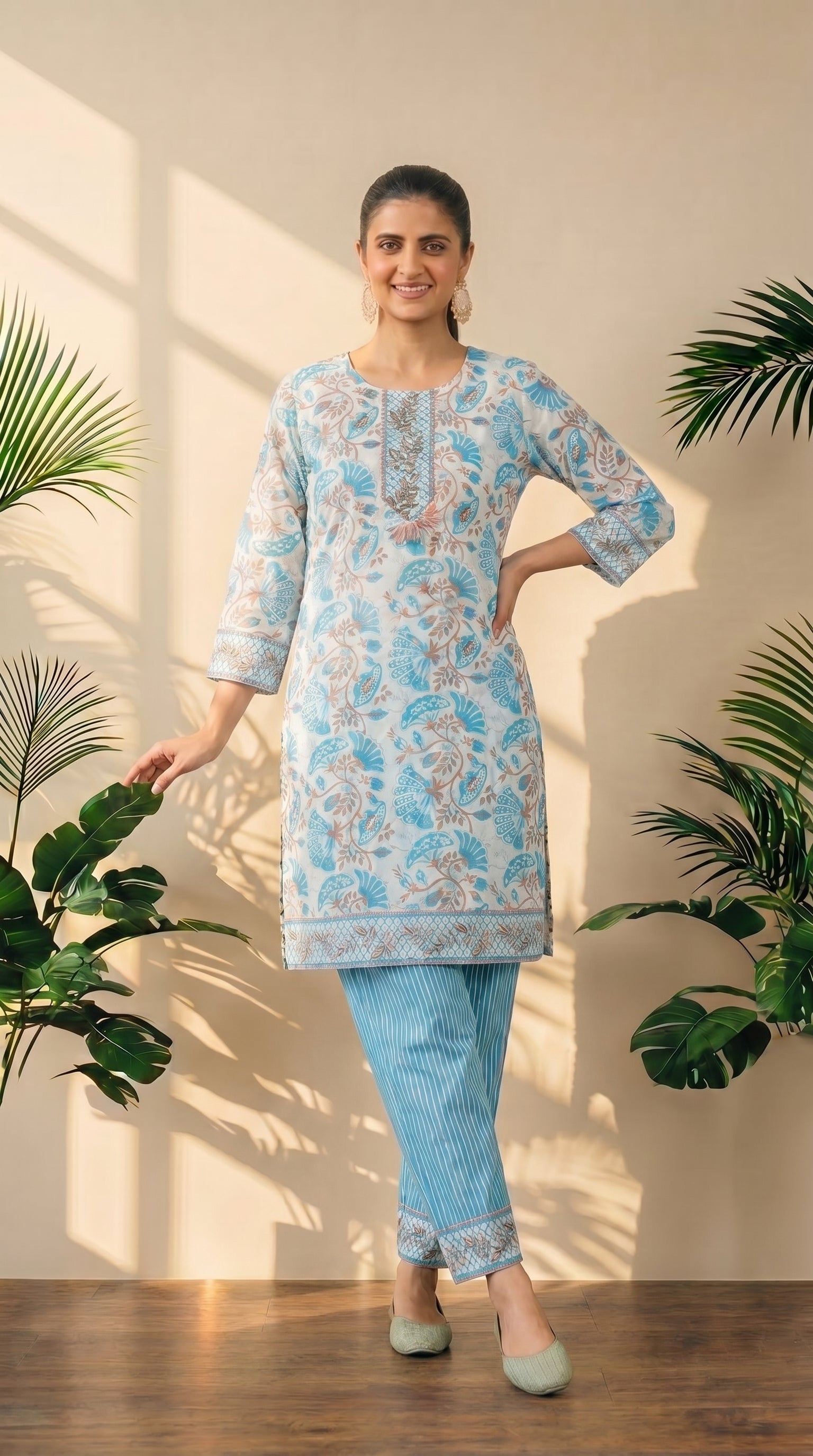 White Floral Print Kurti Pant Set