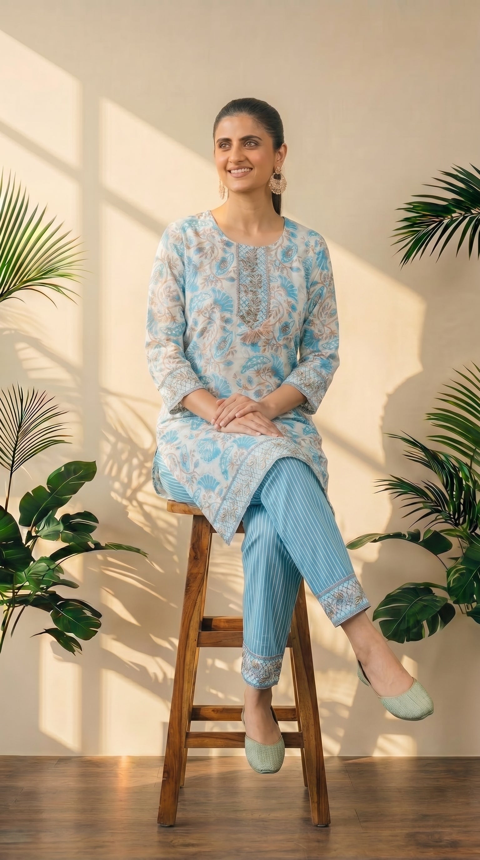 White Floral Print Kurti Pant Set