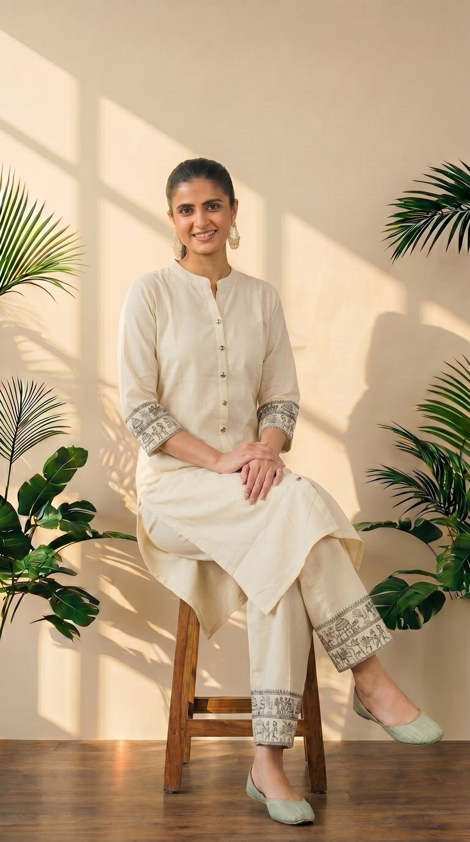 Cream Embroidery Work A-Line Kurti Pant Set
