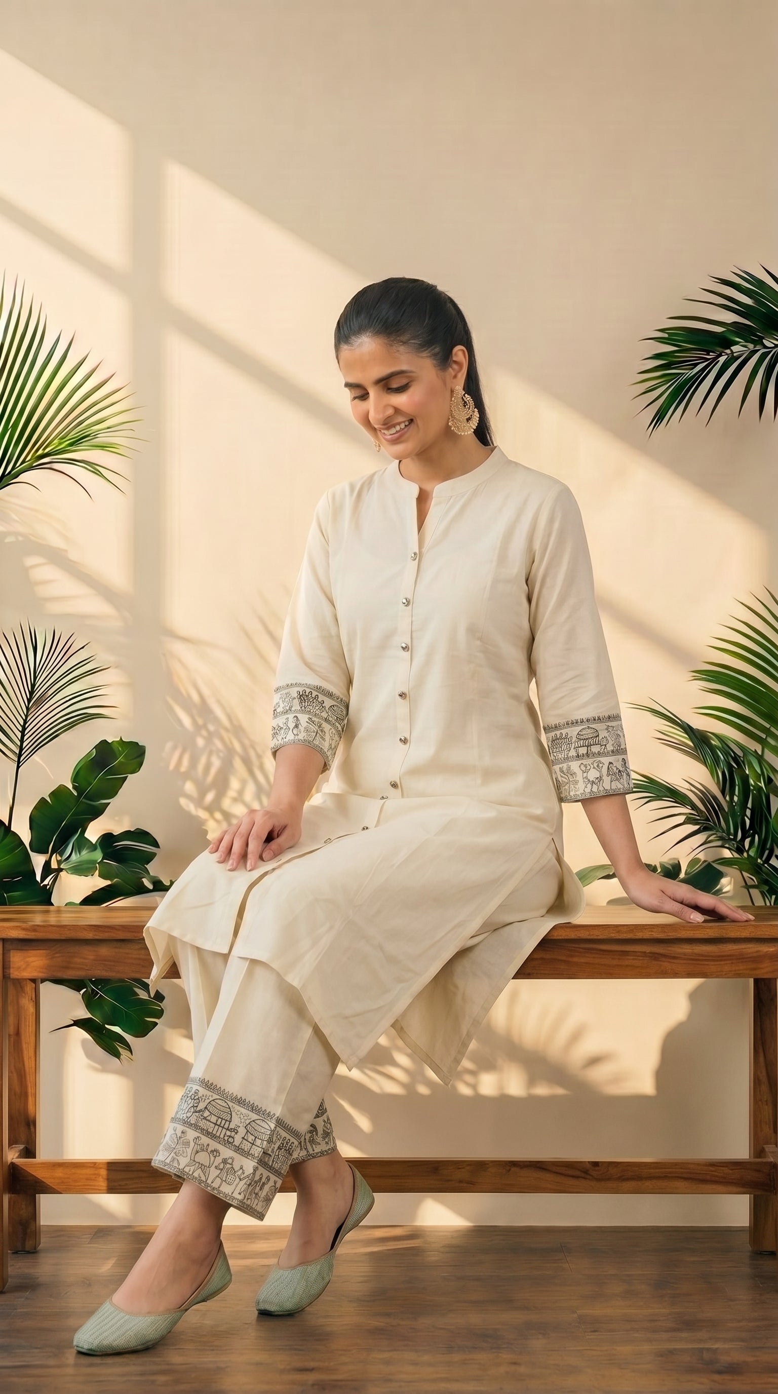 Cream Embroidery Work A-Line Kurti Pant Set