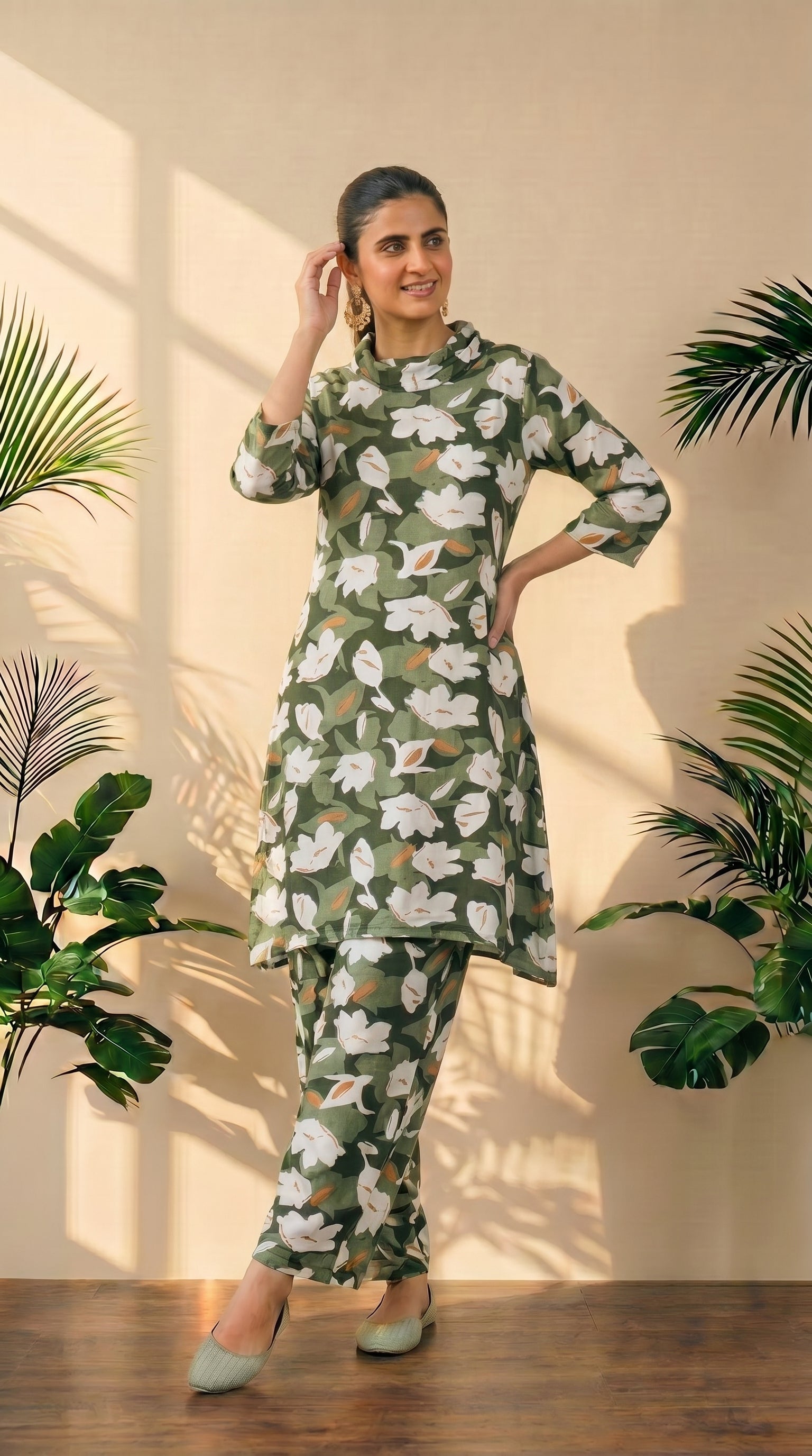 Turtle Neck Green Floral Printed Set – Elegant Ethnic Wear