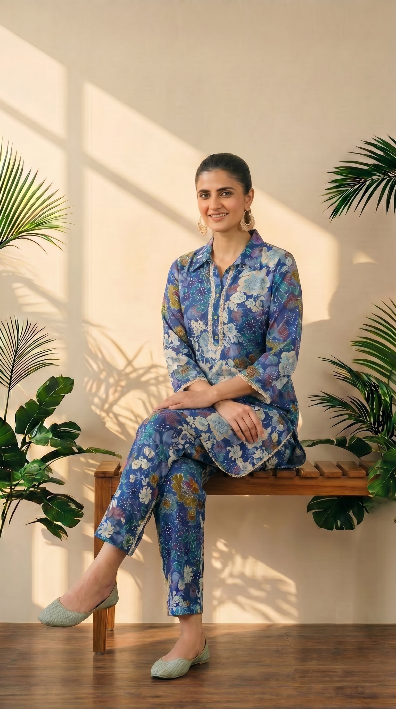 Blue Floral Print Kurta & Pant Co-Ord Set