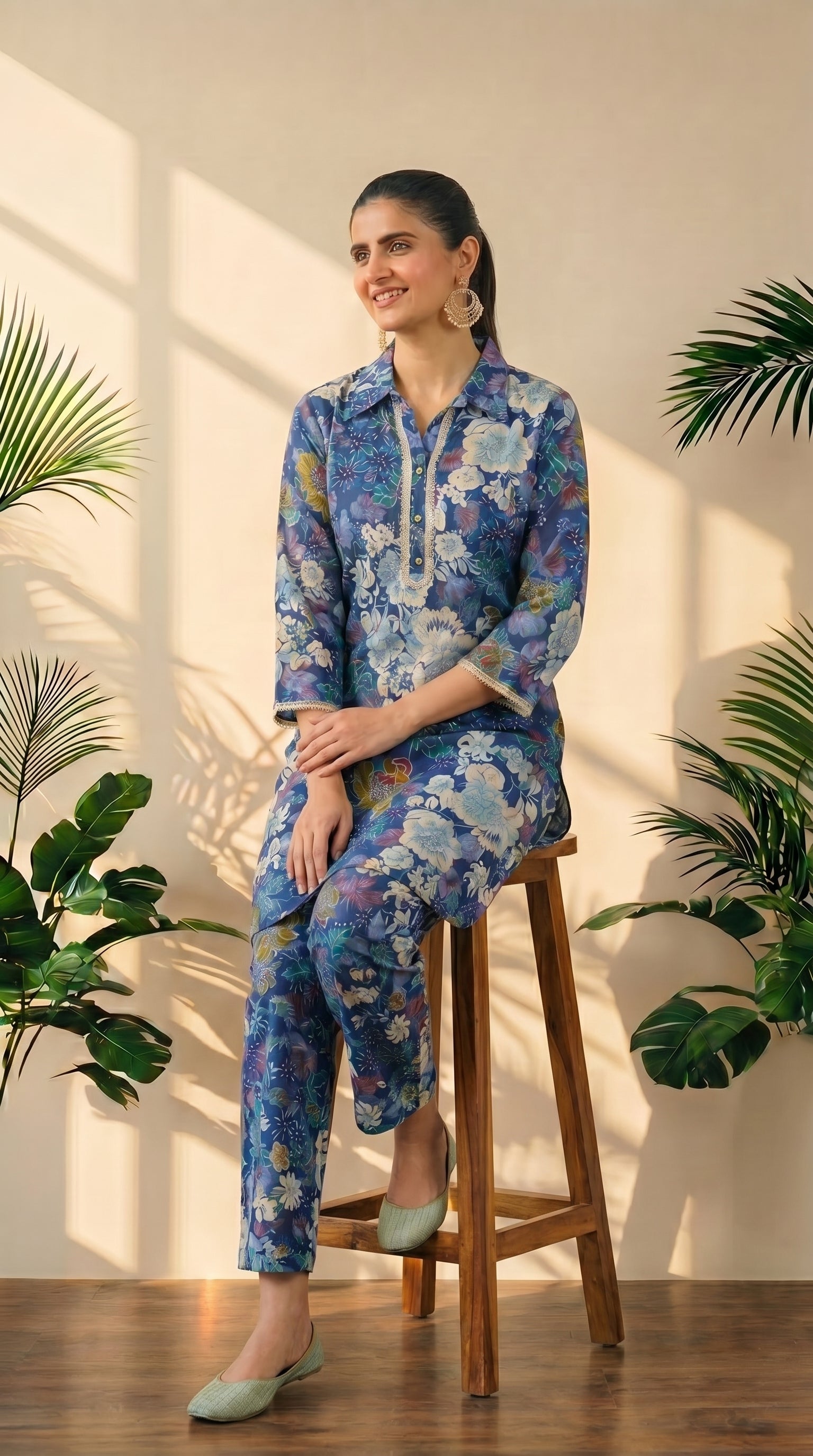 Blue Floral Print Kurta & Pant Co-Ord Set