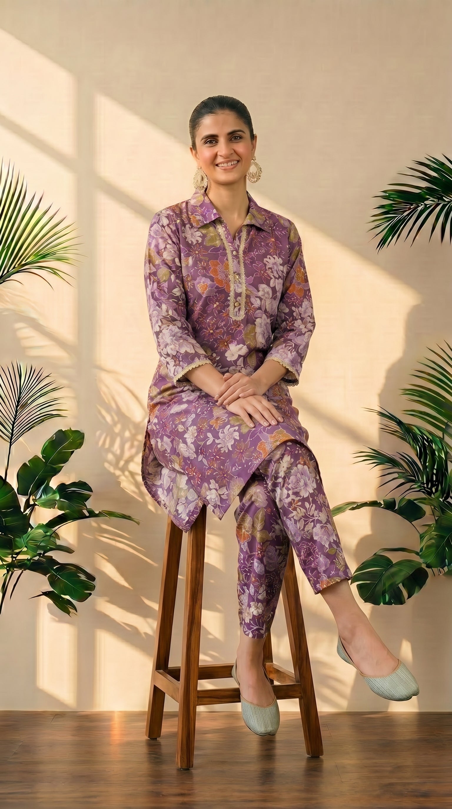 Wine Floral Print Kurta & Pant Co-Ord Set