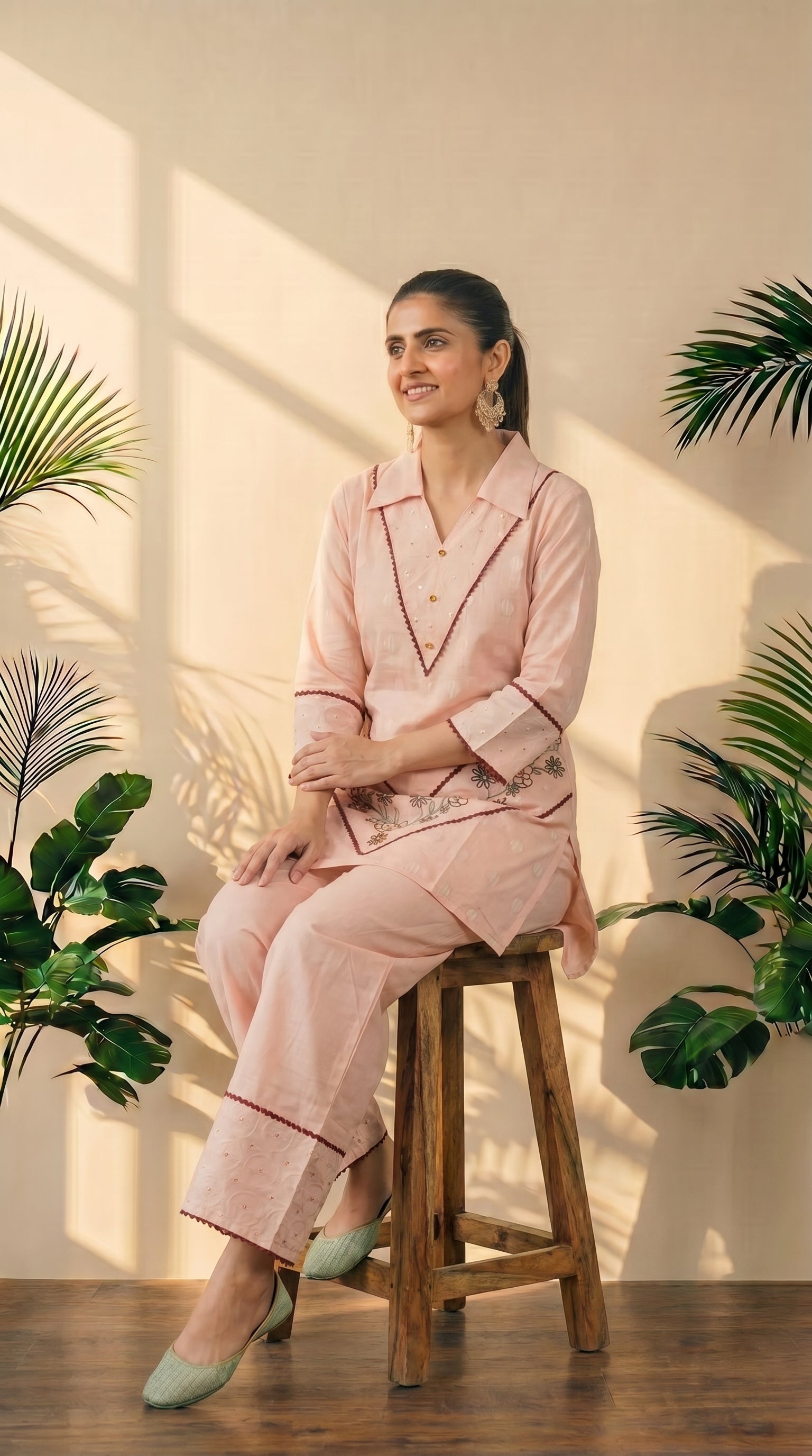 Peach Embroidery Work Top & Pant Co-Ord Set