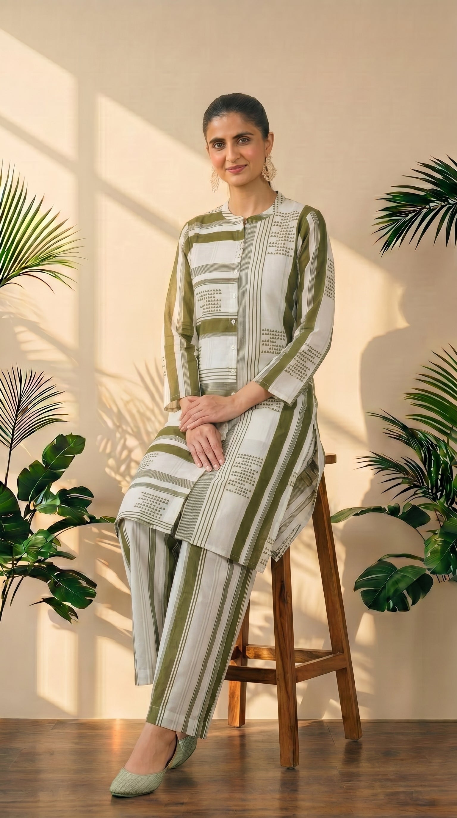Green & White Printed Plazzo Set – Elegant Ethnic Wear in Pure Cotton