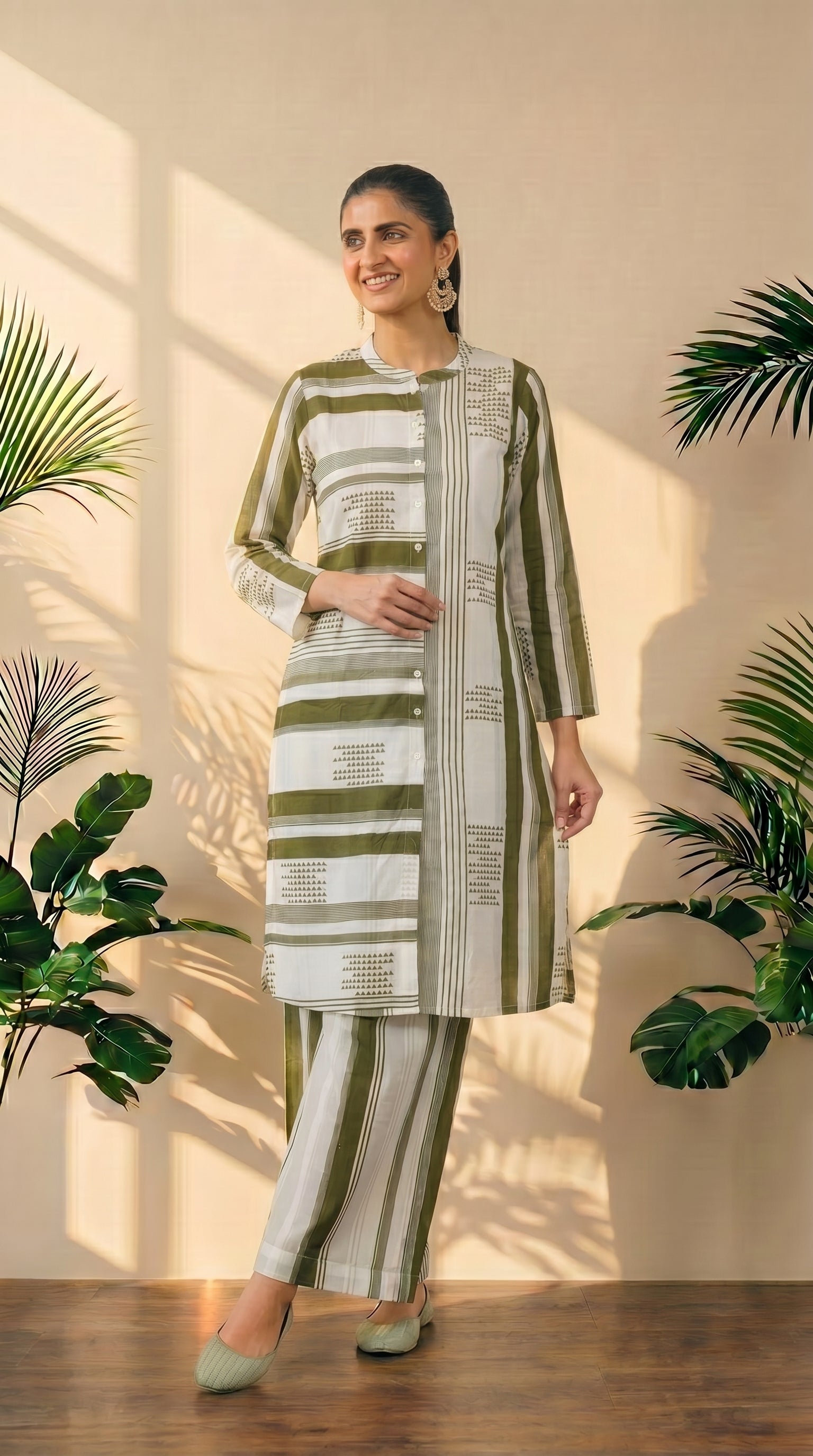 Green & White Printed Plazzo Set – Elegant Ethnic Wear in Pure Cotton