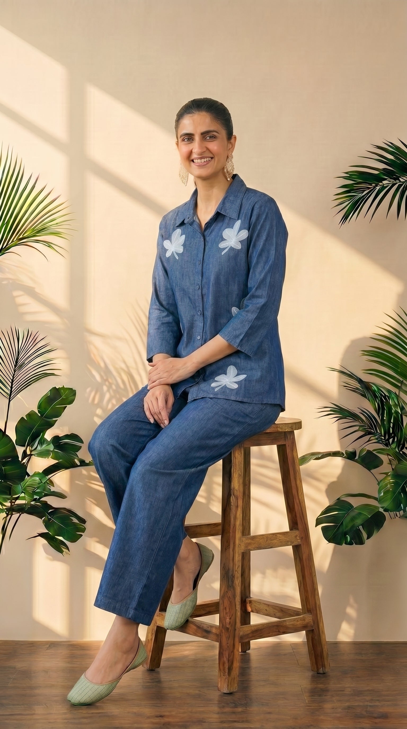 Blue Denim Floral Embroidered Co-Ord Set | Premium Denim Top with Palazzo Pants