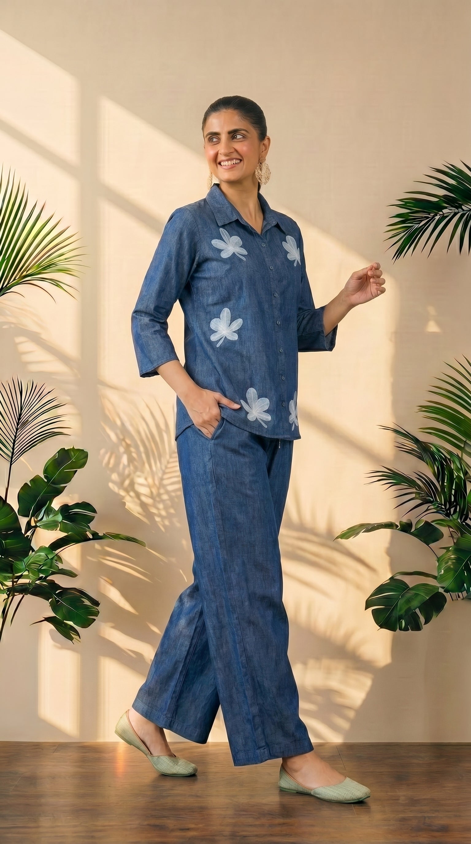 Blue Denim Floral Embroidered Co-Ord Set | Premium Denim Top with Palazzo Pants