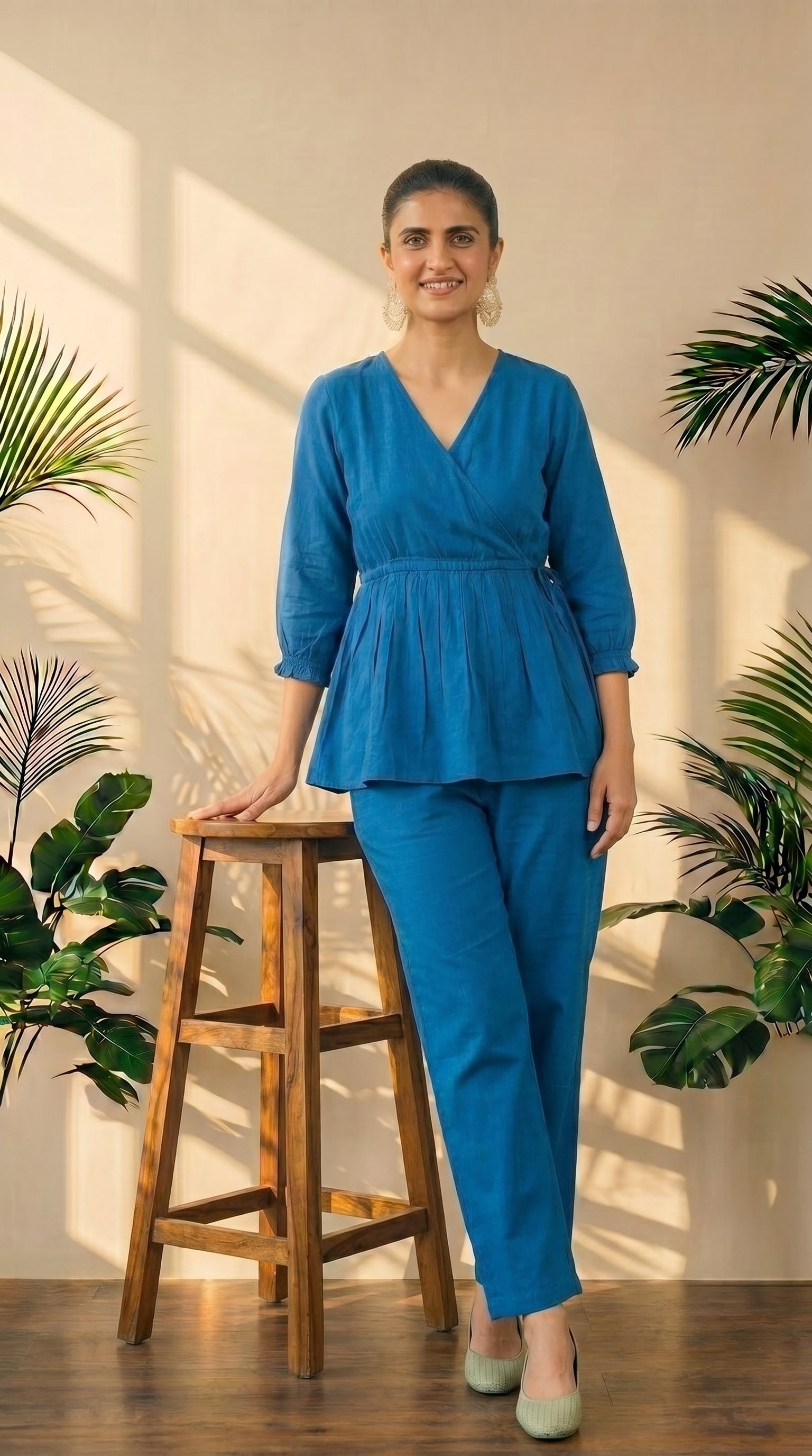 Lapis Blue Short Peplum Top & Palazzo Co-Ord Set