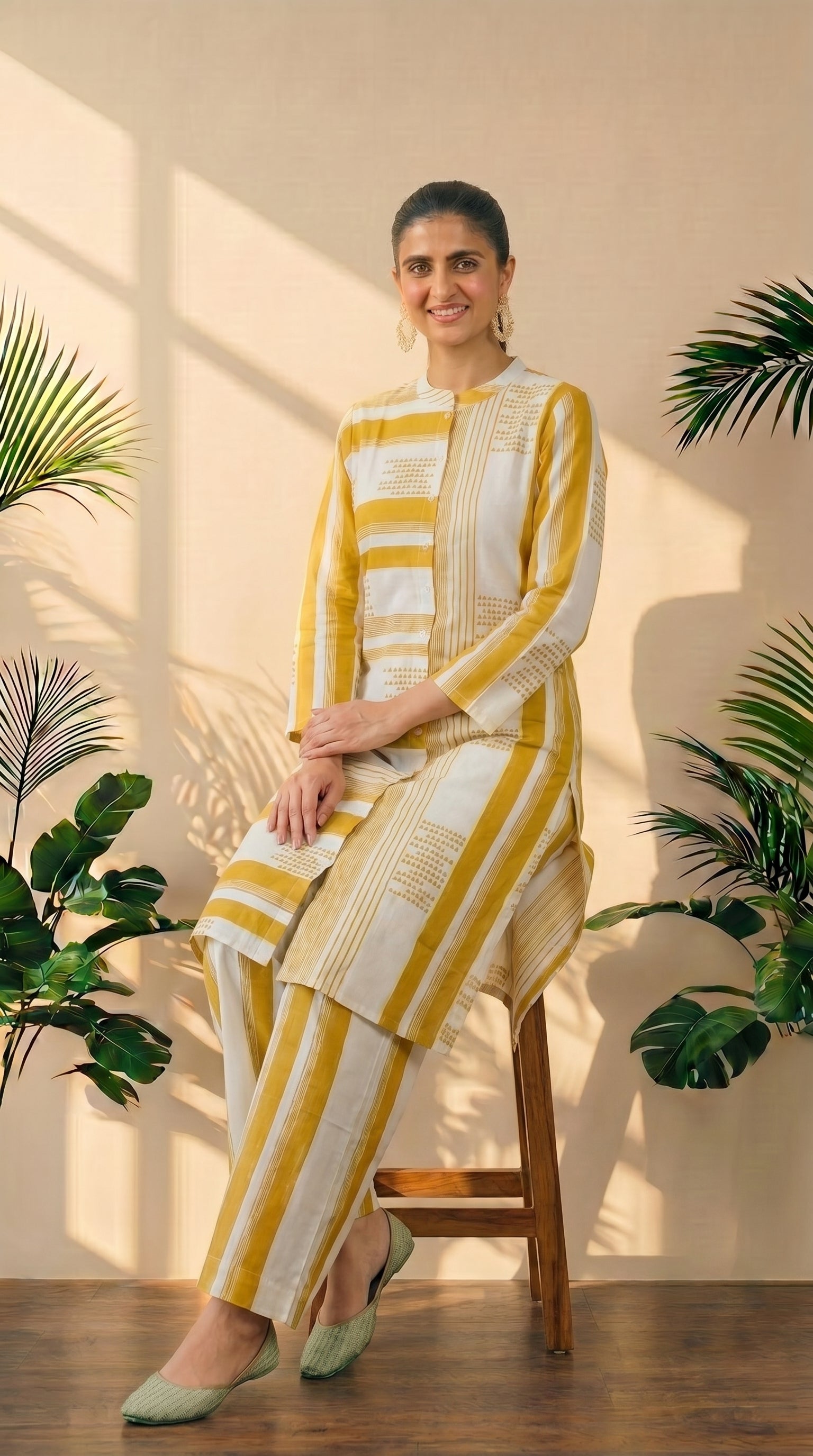 Yellow & White Printed Plazzo Set – Elegant Ethnic Wear in Pure Cotton