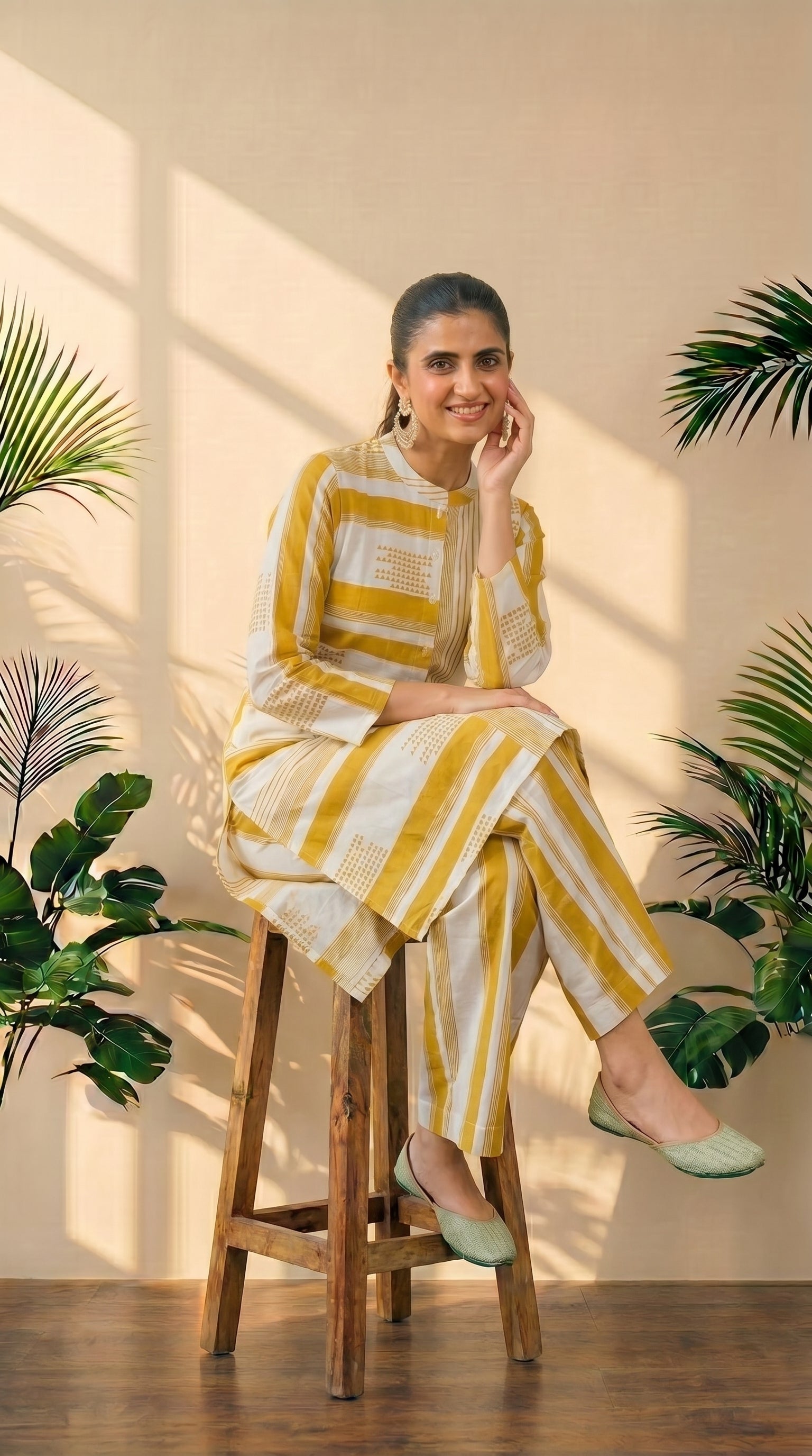 Yellow & White Printed Plazzo Set – Elegant Ethnic Wear in Pure Cotton