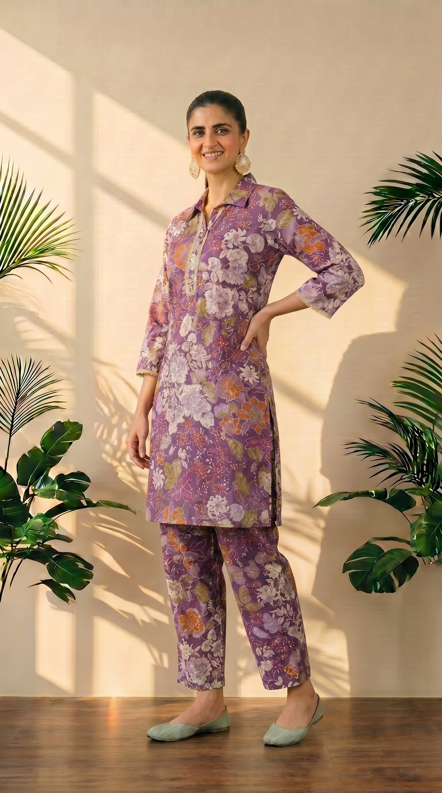 Wine Floral Print Kurta & Pant Co-Ord Set